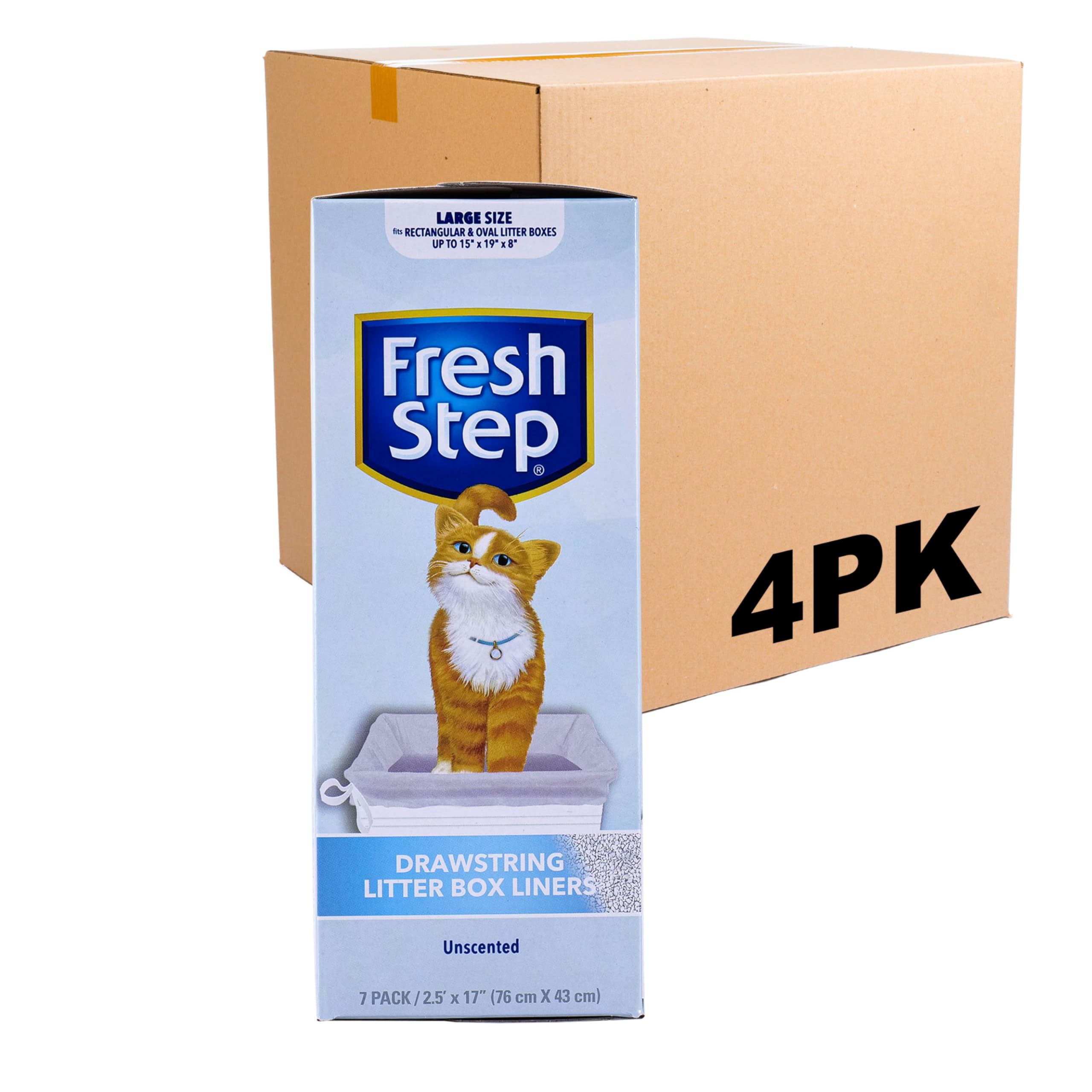 Fresh Step Drawstring Cat Litter Box Liners, Unscented, Size Large, 30 x 17 | Kitty Litter Bags - 7 Count - 4 Pack, Cat Litter L