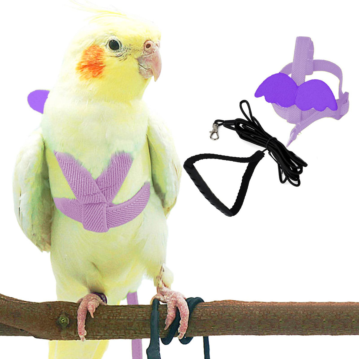 Dnoifne Pet Parrot Bird Harness And Leash, Adjustable Training Design Anti-Bite, Bird Nylon Rope With Cute Wing For Parrots, Suitable For Scarlet, Keck, Mini Macaw And Same Size Birds (Light Purple)