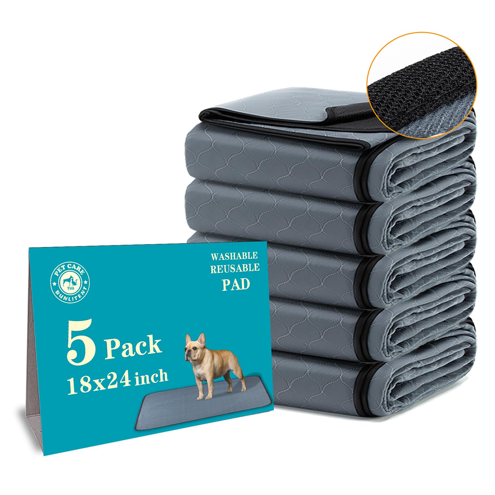 Bunlitent Washable Pee Pads For Dogs 5 Pack, 18X24, Reusable Puppy Pads, Washable Potty Pads With Quick Dry, Anti-Slip Dog Cat P