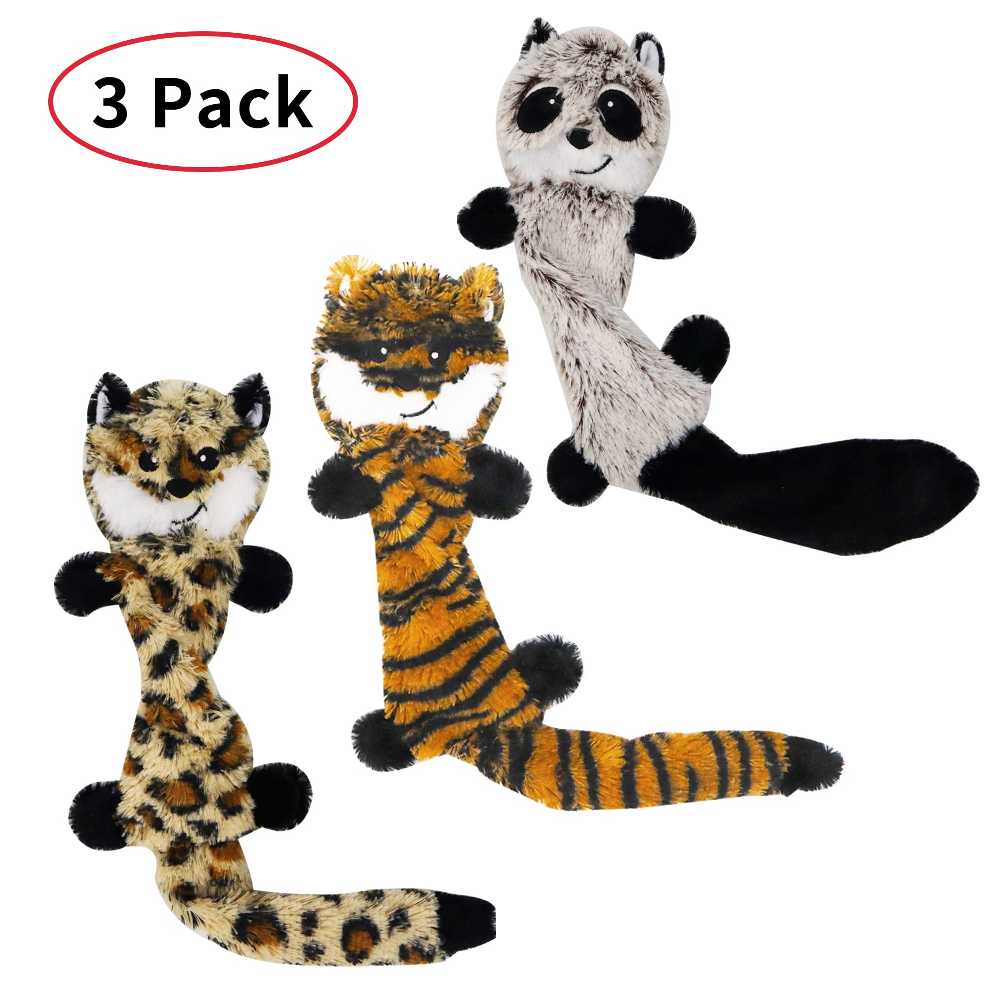 Joytoy Soft Dog Toy Stuffless Pets Toy Sets - Pets Dog Christmas Toy Sets 3 Pack 18 Inch - No Stuffing Puppy Teething Toys(Leopard,Tiger,Raccoon 18 Inch)
