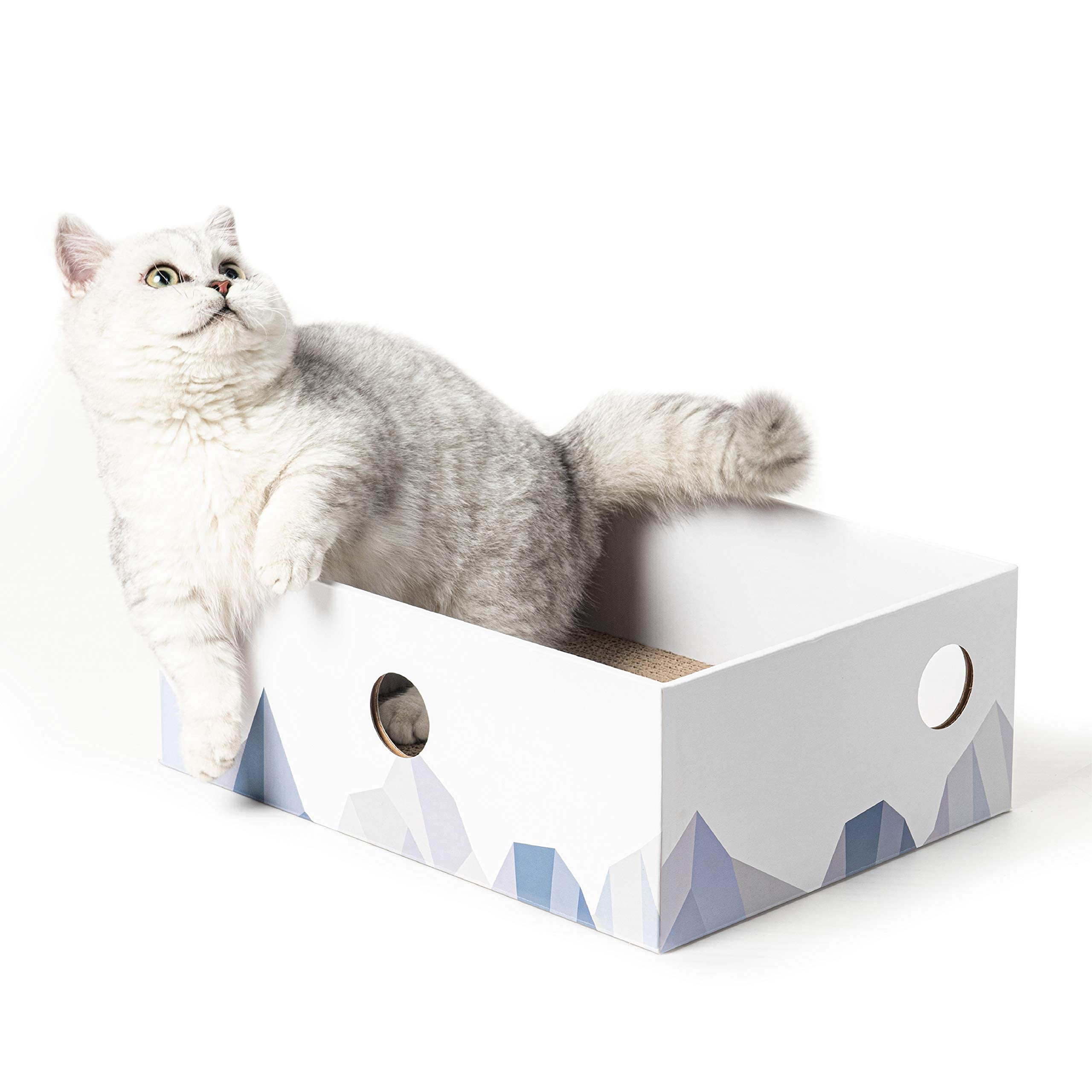 Conlun Cat Scratcher Box With Cat Scratching Pad Portable 3-Layer Corrugated Cardboard Lounger Heavy-Duty Double-Sided Cardboard Cat Scratcher And Interactive Hole Design White (Medium)