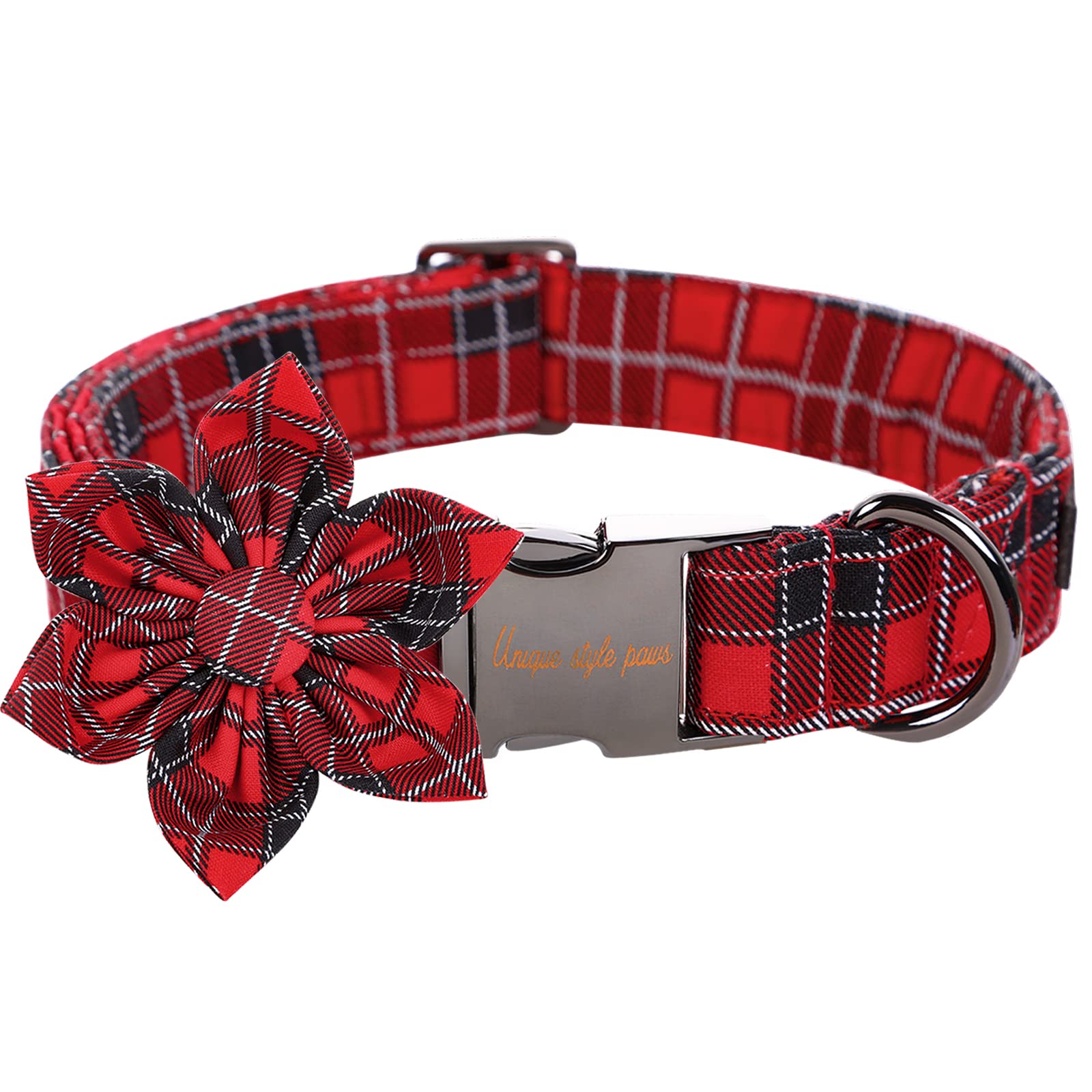 Unique Style Paws Christmas Dog Collar With Flower Tie Red Black Grid Cotton Collar Adjustable Puppy Plaid Collar For Small Medium Large Dogs-Xl