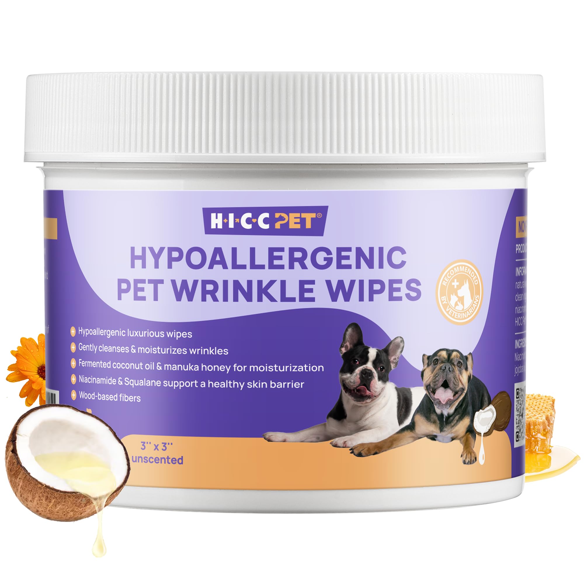 Hicc Pet Wrinkle Wipes For Dogs- 100 Count Hypoallergenic Wrinkle Wipes French Bulldog, Cleans Deodorizing, Anti-Itch Tear Stain