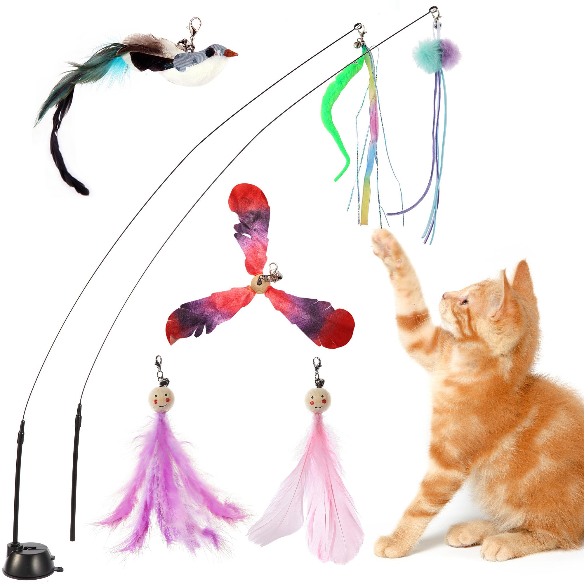Kojude Cat Wand Toys With Suction Cup,Interactive Bird Simulation Cat Toy Set,Include 1 Replacement Birds And 5 Feather Toys Wit