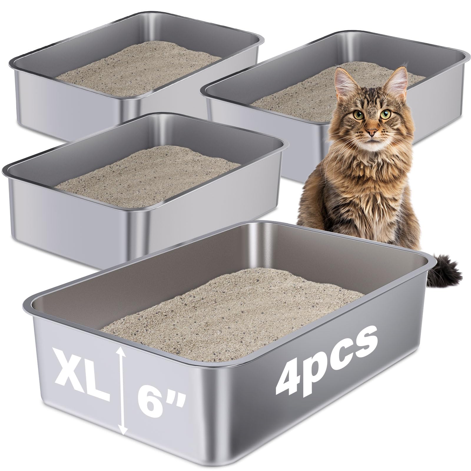 Holintan Stainless Steel Litter Box, 23.6''X15.7''X6''(Height) Metal Litter Box 4 Pack,Easy To Clean,Non Stick No Smell Steel Ca