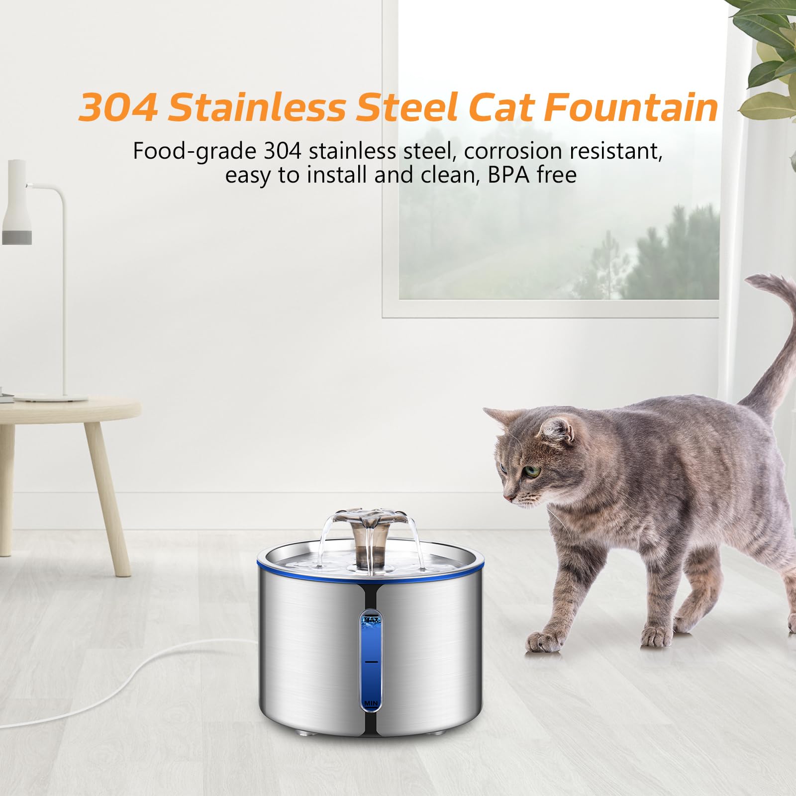 Boorca Cat Water Fountain, 84Oz/2.5L Stainless Steel Pet Water Fountain, Automatic Dog Water Dispenser With Water Level Window,