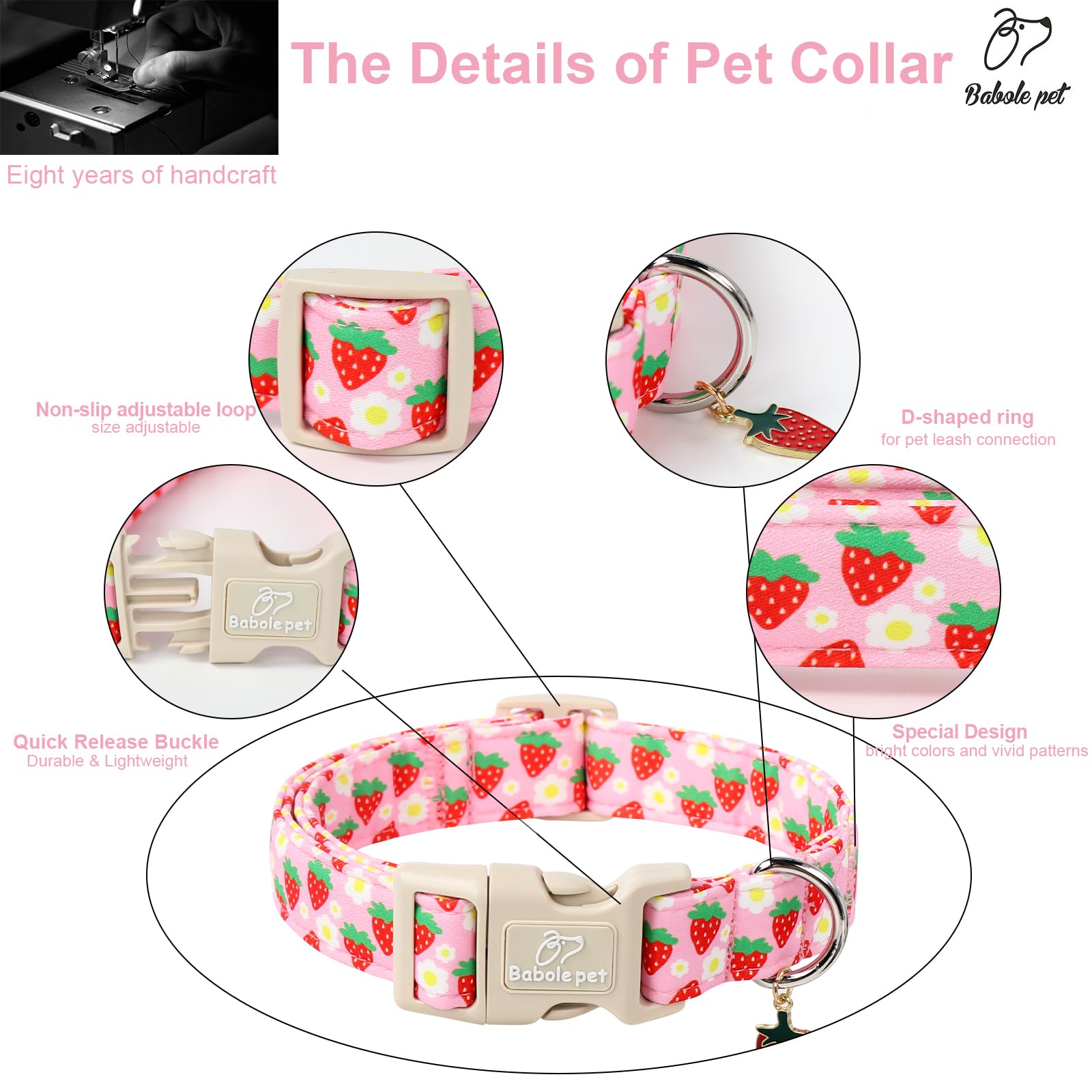 Babole Pet Cute Spring/Summer Dog Collar, Adjustable Pink Strawberry Dog Collars For Medium Dogs, Lightweight Quick-Release Buck