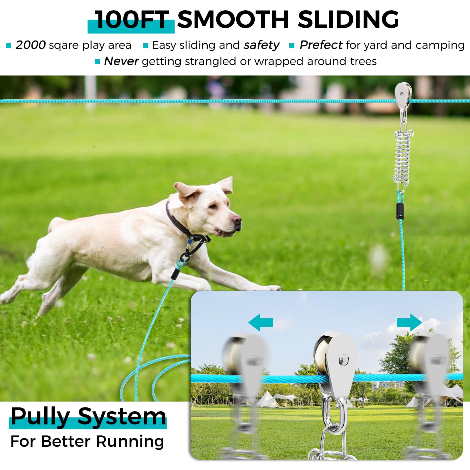 Snagle Paw Dog Runner For Yard,Heavy Duty Trolley System For Large Dogs,Dog Tie Out Run Cable,Dog Zip Line 100Ft With 10Ft Pulle