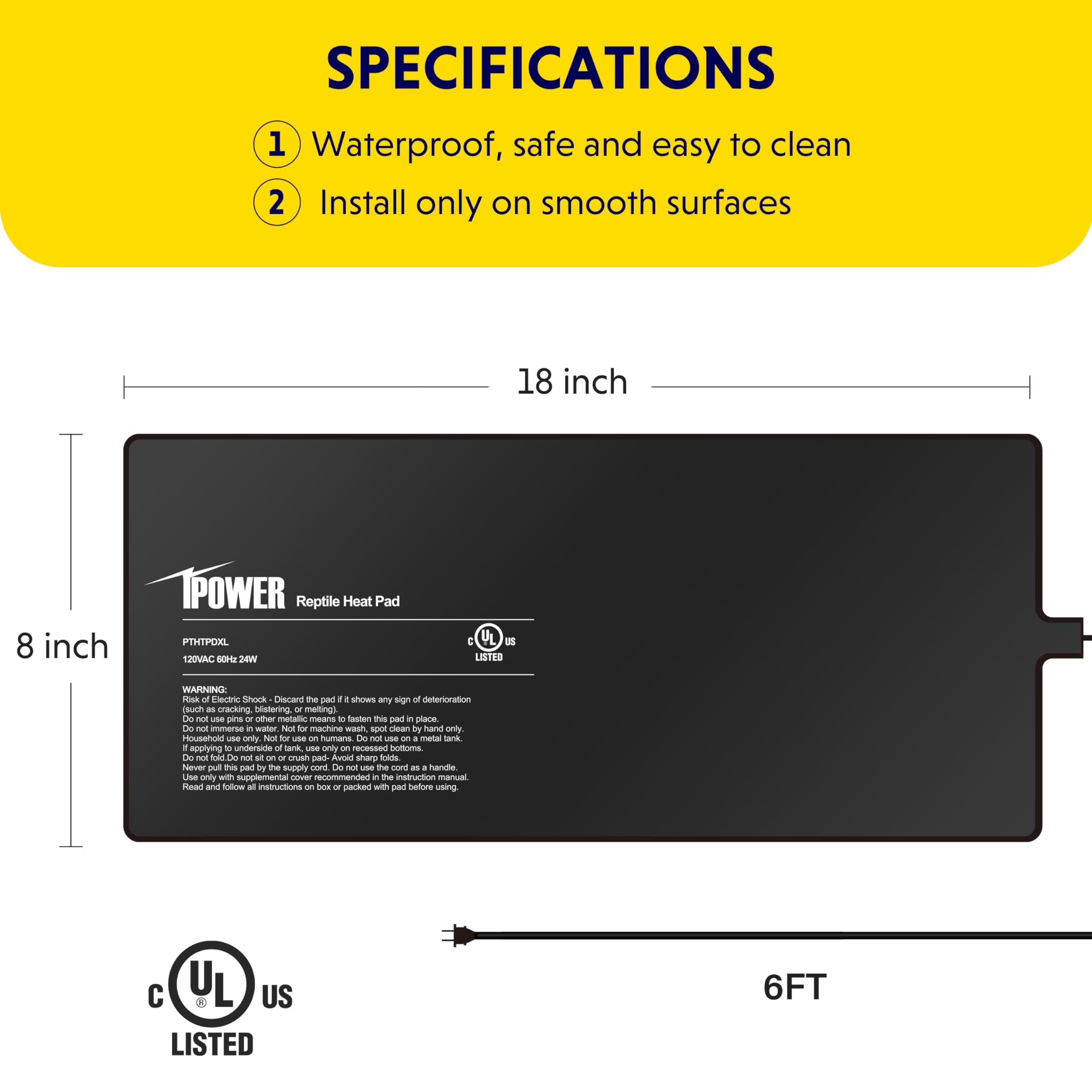 Ipower 8X18 Inch Reptile Heat Pad Under Tank Heater, Energy-Efficient & Waterproof Design Terrarium Warmer Mat For Turtles, Liza