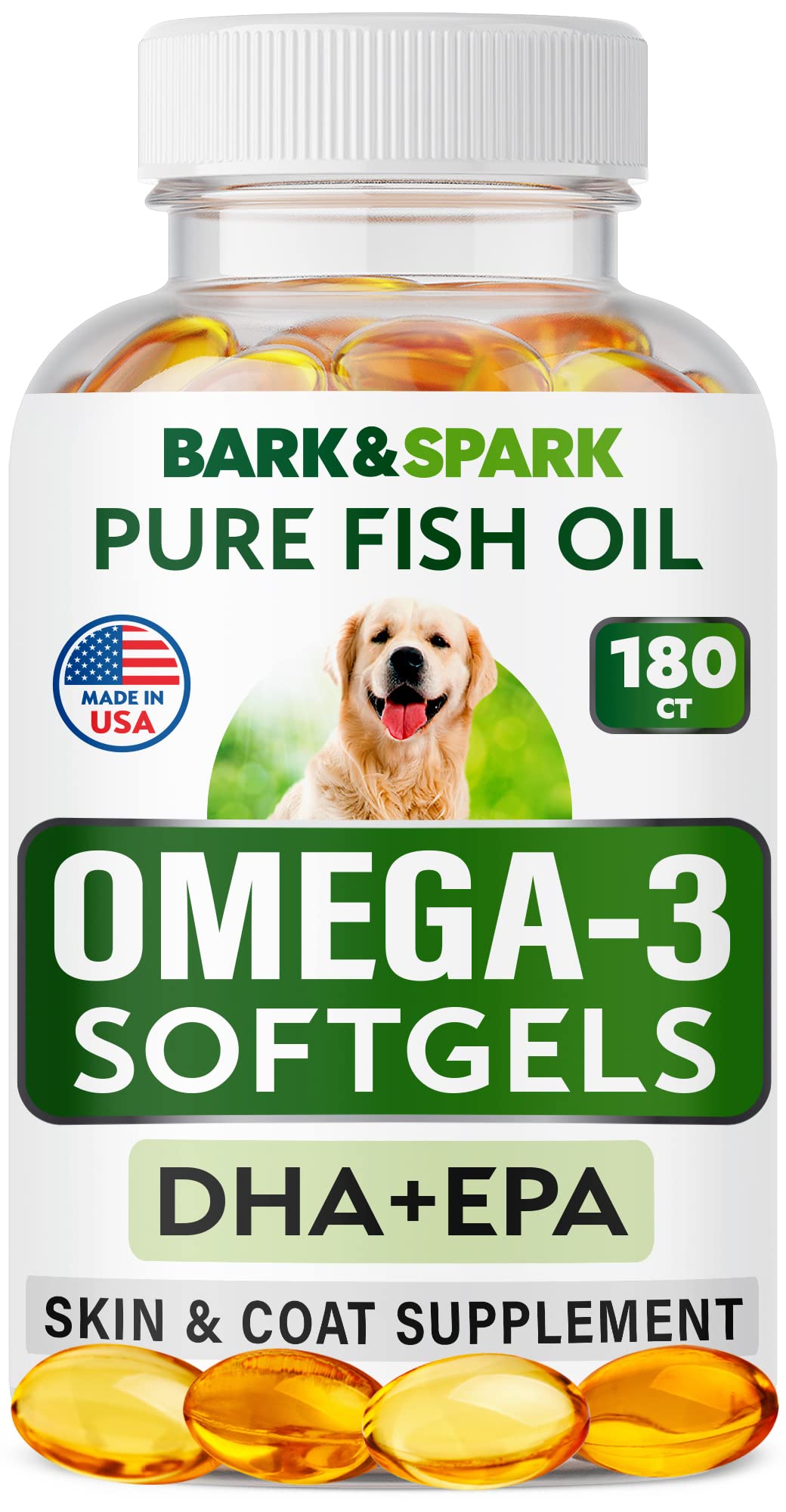 BARK&SPARK Omega 3 for Dogs - 180 Fish Oil Softgels for Dog Shedding, Skin Allergy, Itch Relief, Hot Spots Treatment - Joint Hea