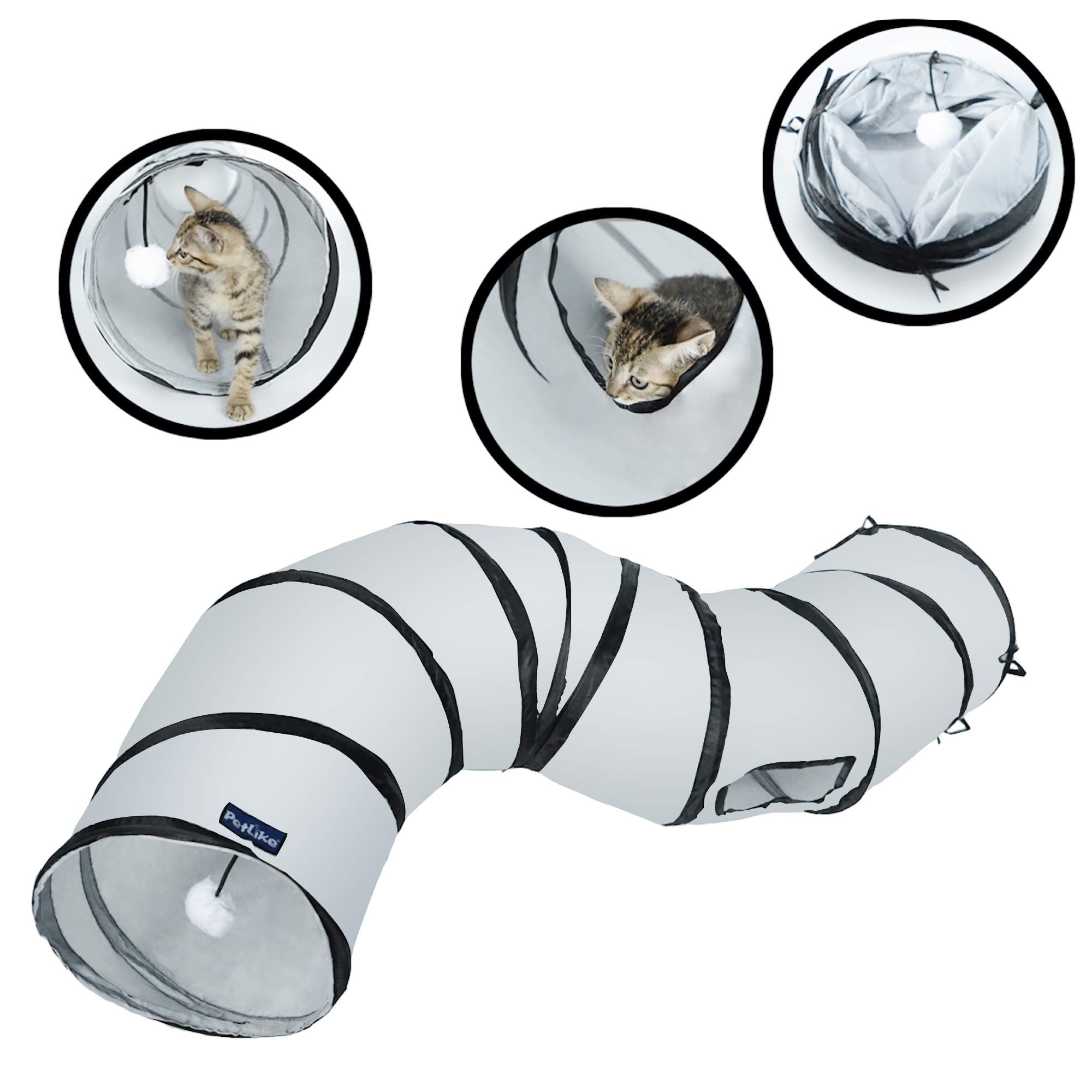 Petlike S Way Cat Tunnel Collapsible Pop-Up Pet Tube Hideaway Play Toy With Ball (S-Way, Grey)
