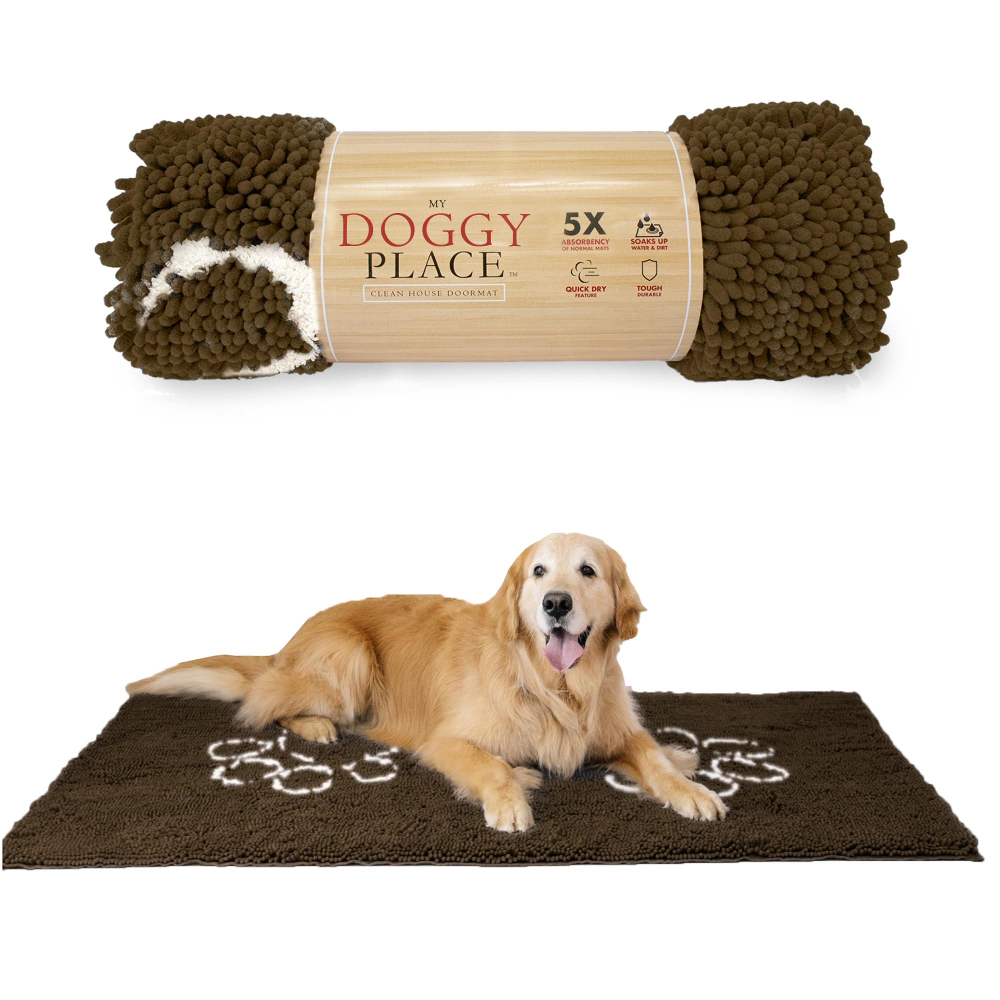 My Doggy Place Microfiber Dog Mat for Muddy Paws, 60 x 36 Brown with Paw Print - Non-Slip, Absorbent and Quick-Drying Dog Paw Cl