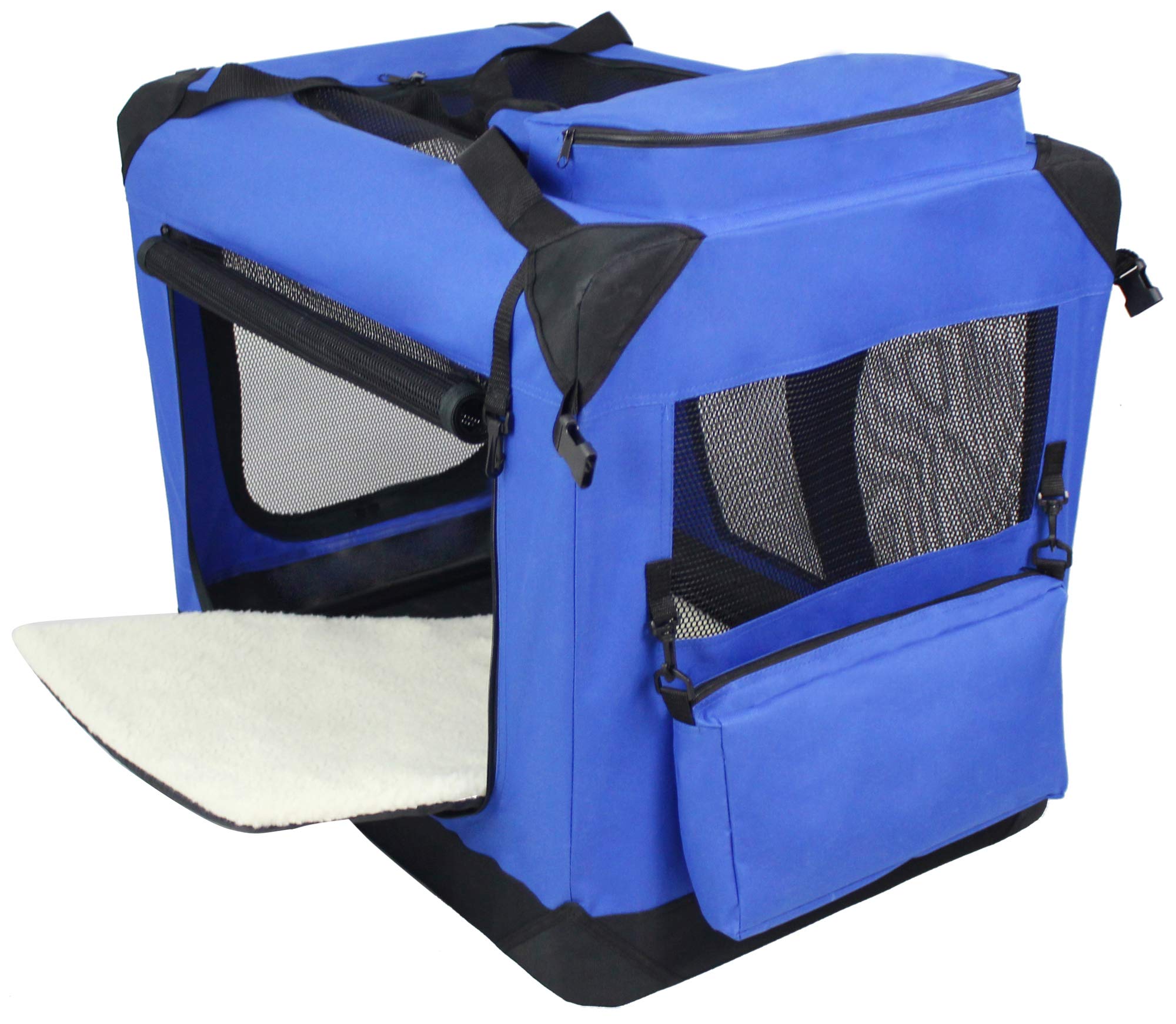 EliteField 3-Door Soft Dog Crate, 30" x 21" x 24", Royal Blue, Steel, Includes Carrying Bag & Fleece Bed, 2 Year Warranty