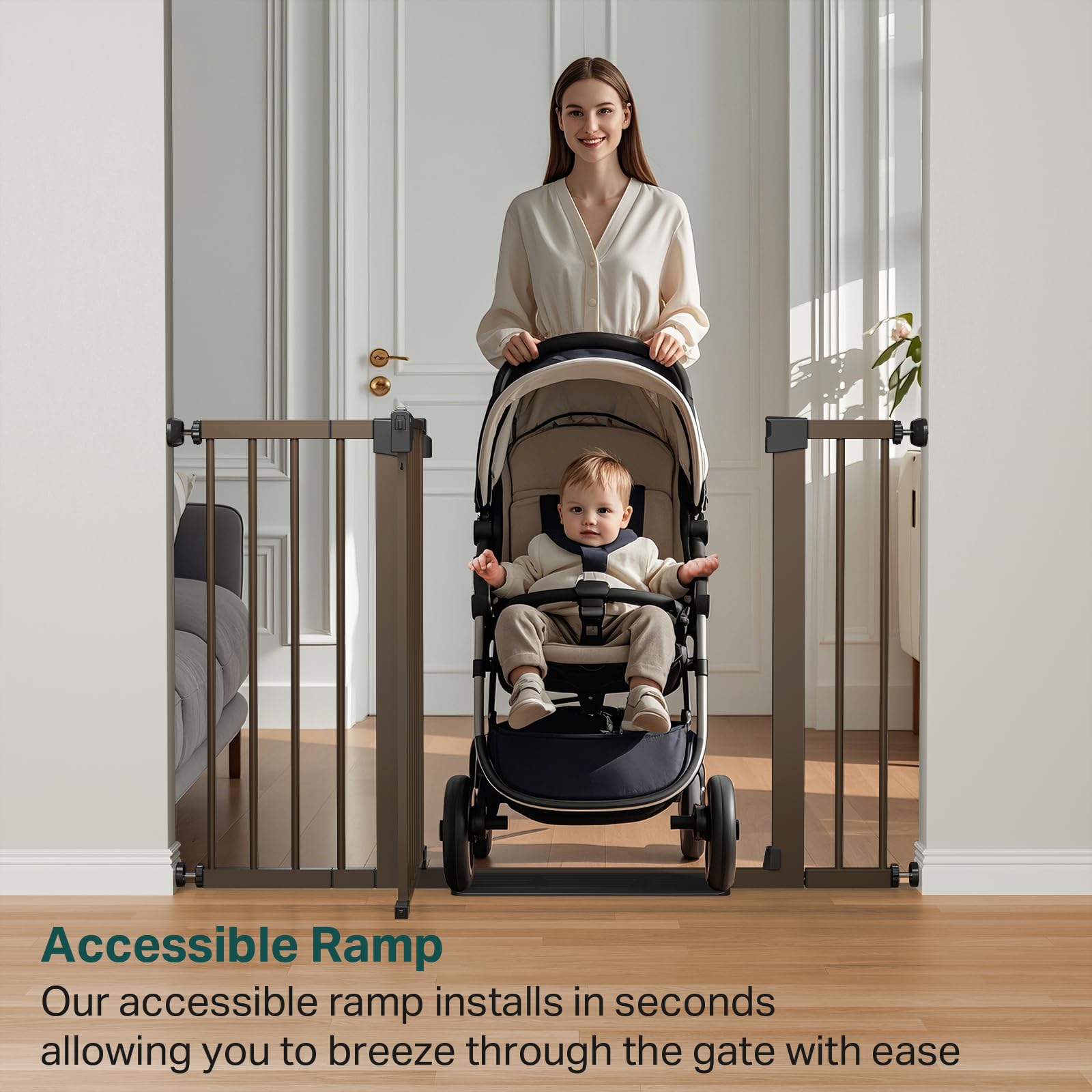 Cumbor 29.7-48' Baby Gate For Stairs, Mom'S Choice Awards Winner-Dog Gate For Doorways, Auto Close Safety Pet Gate For Dogs Indoor, Easy Install Pressure Mounted Child Gate With Walk Thru Door, Brown