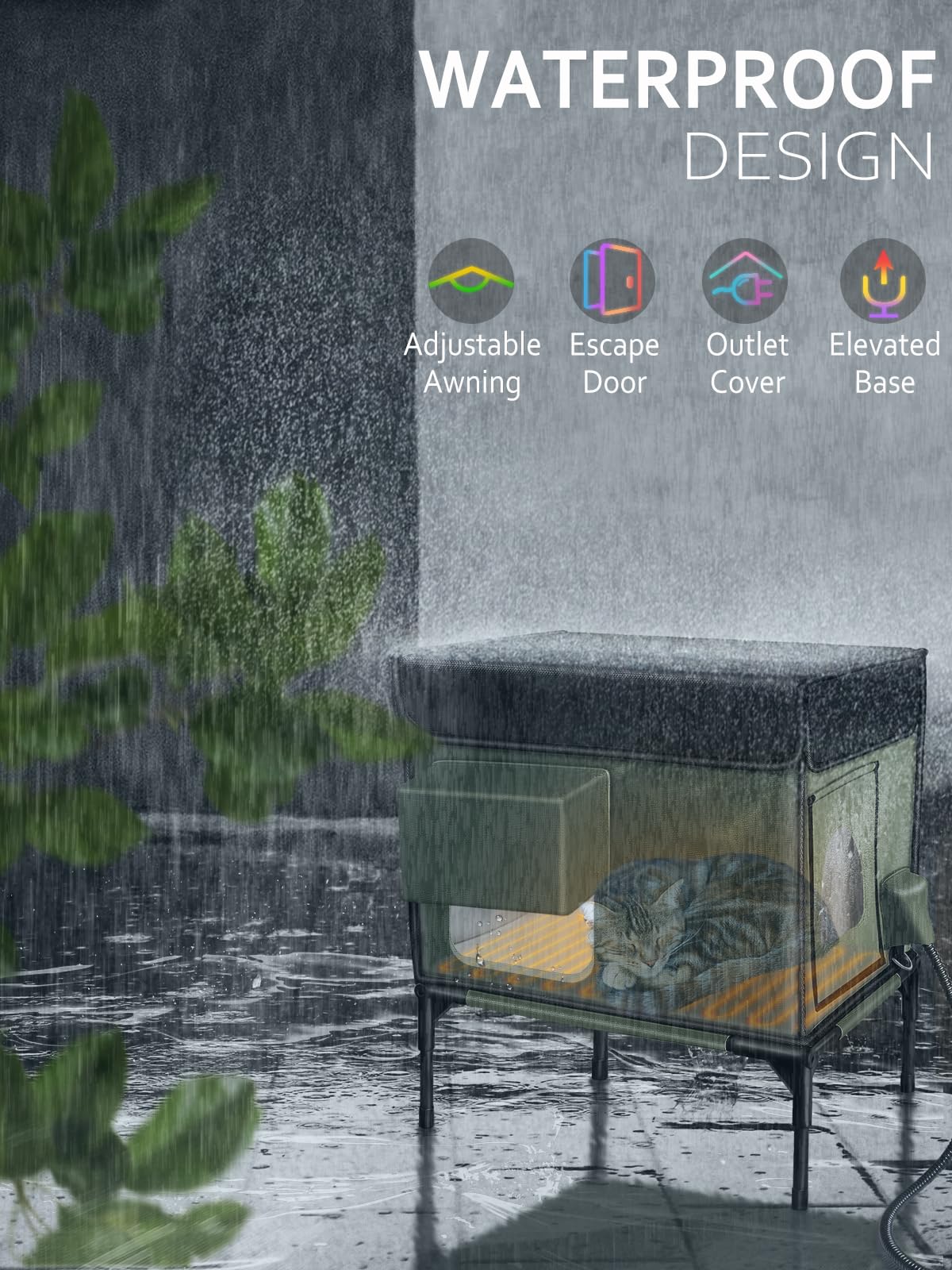 Lublacet Heated Cat House, Insulated & Waterproof, Adjustable Awning, Escape Door, Indoor/Outdoor, Dark Green, 13''X17''X20''