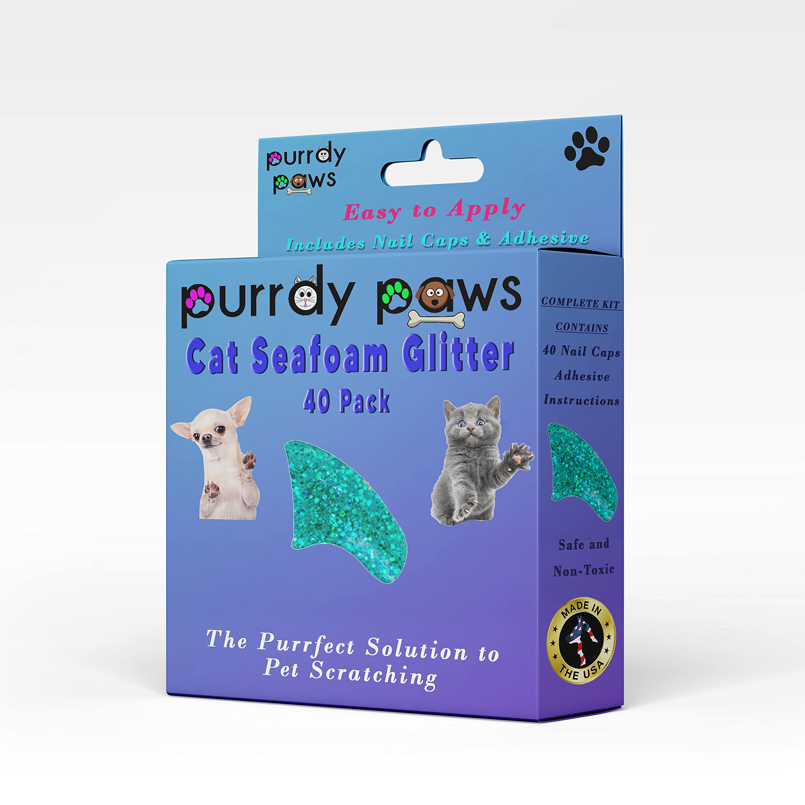 Purrdy Paws 40 Pack Soft Nail Caps for Cat Claws Seafoam Glitter Medium