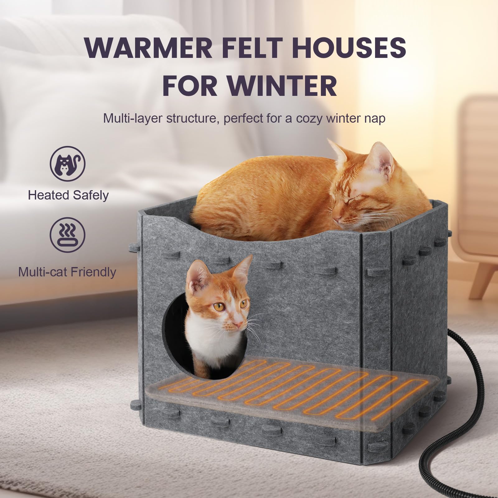 Sturdy Felt Cat Bed, Heated Indoor Cat House Up To 30Lbs, Lightweight Easy To Clean, Large Cat Cave For Multiple Cats