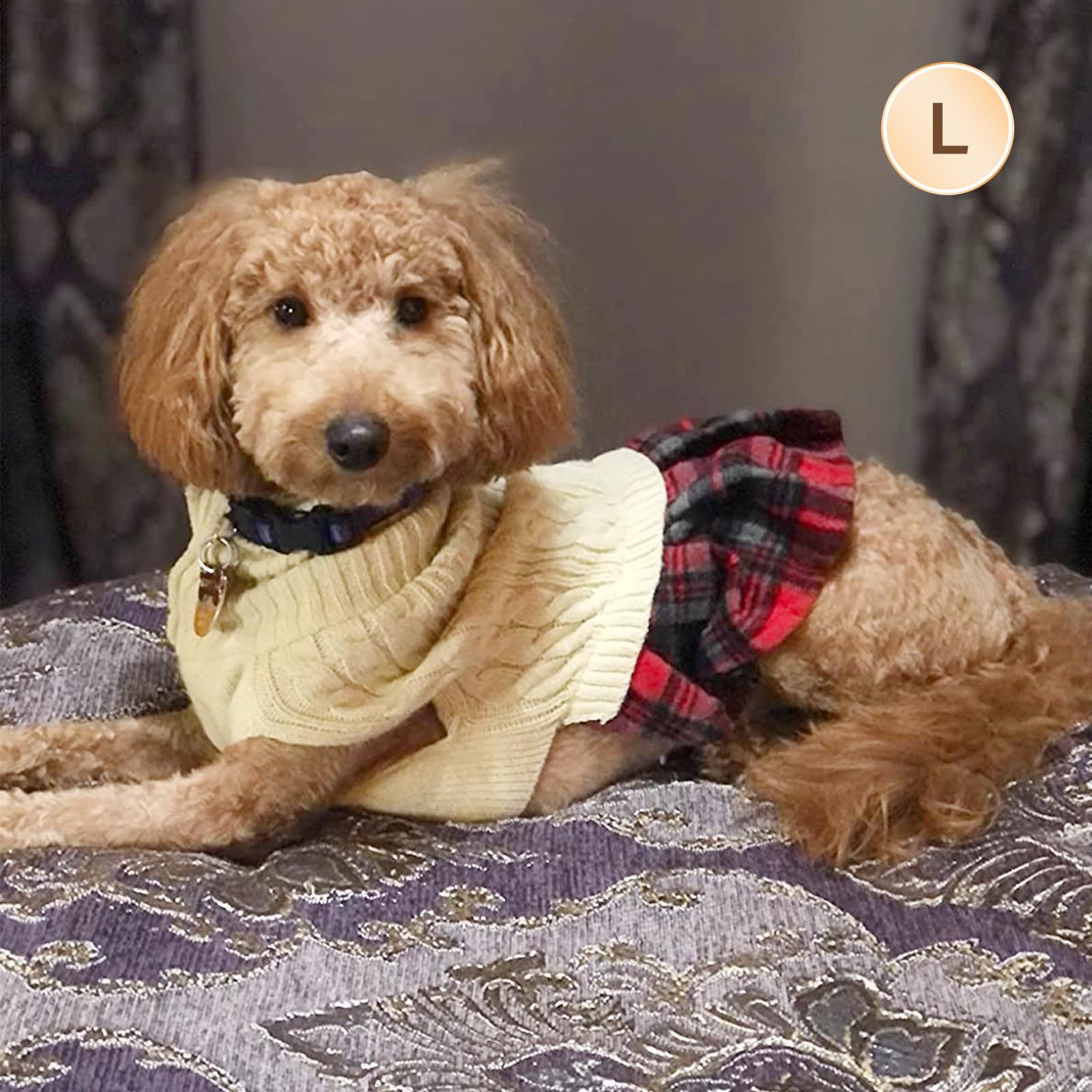 Kyeese Dog Sweater Dress With Bowtie Checkered Turtleneck Dog Sweaters For Small Dogs Warm Pet Sweater Beige