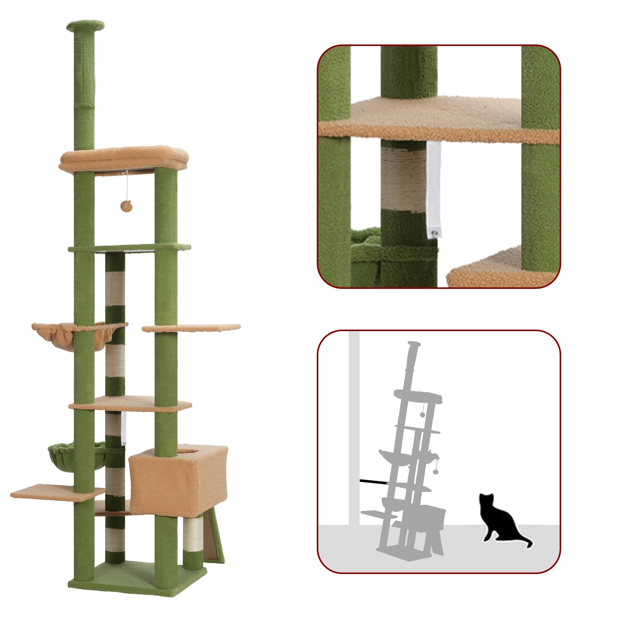 Hebly Cat Tree 92.5-104.3 Inches With Hammock, Floor To Ceiling Cactus Cat Condo,Tall Cat Climbing Tower Adjustable With Scratch