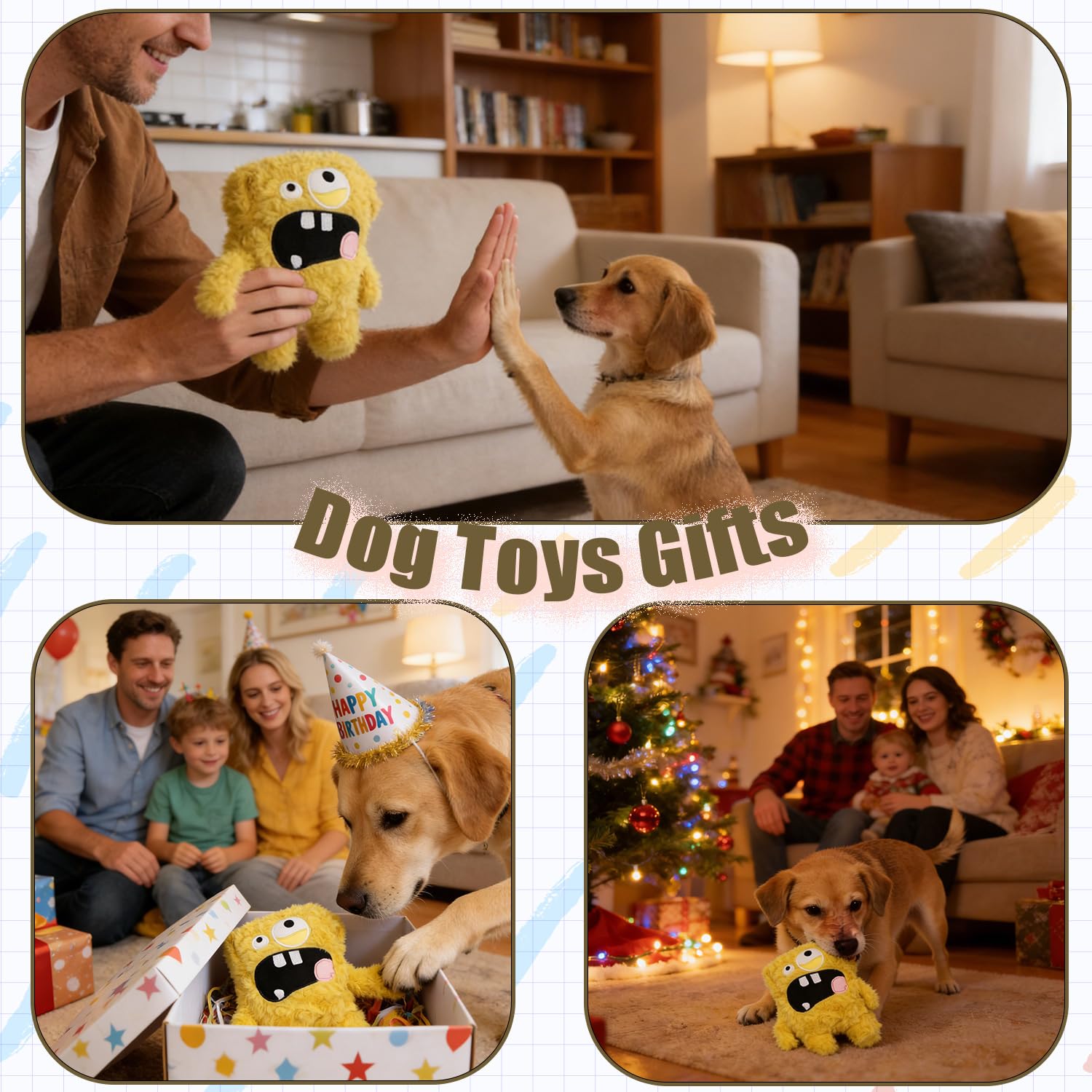 HUGEME Squeaky Dog Toy, Plush Stuffed Dog Toy Keep Them Busy Tug of War Dog Chew Toy for Small Medium Large Dogs (Yellow)