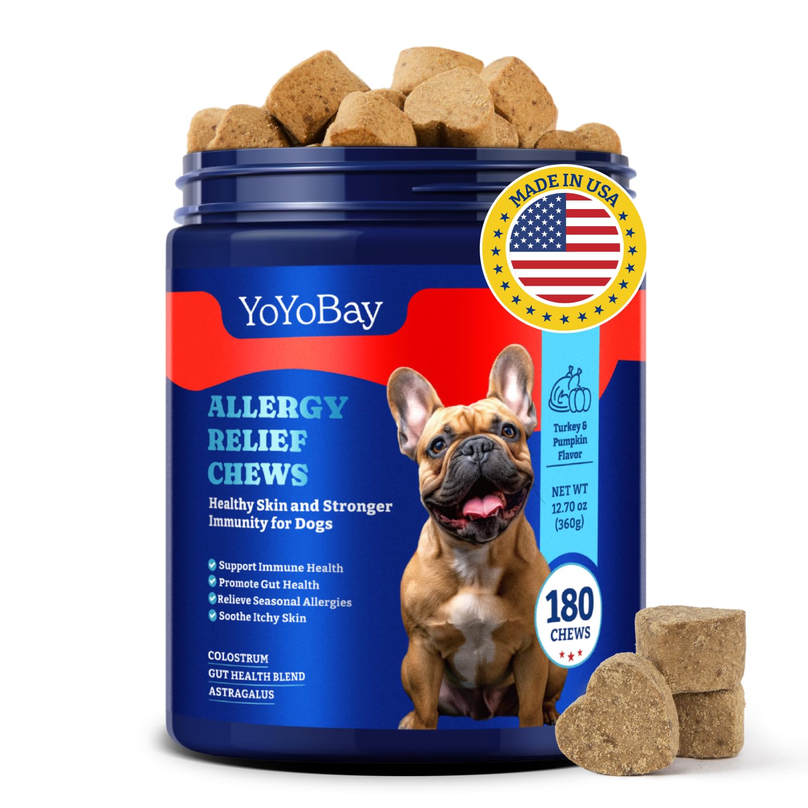 YoYoBay Dog Allergy Relief Chews - 180 Soft Chews, Turkey & Pumpkin Flavor - Immune Support & Itch Relief with Colostrum, Astrag