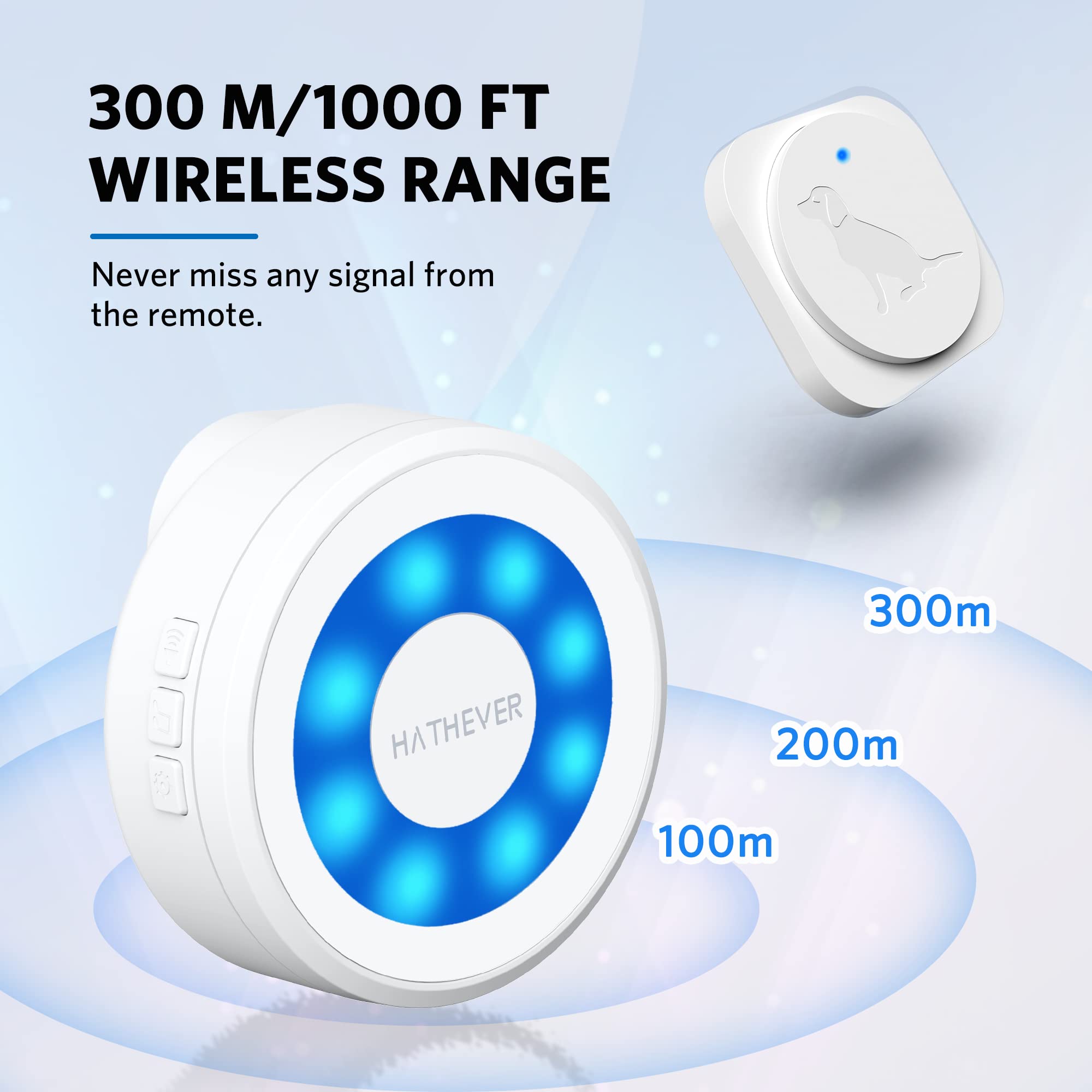Hathever Dog Door Bell - Wireless Potty Training Doorbell, 1000ft Range, CD Quality Sound, White, Model PB-11B