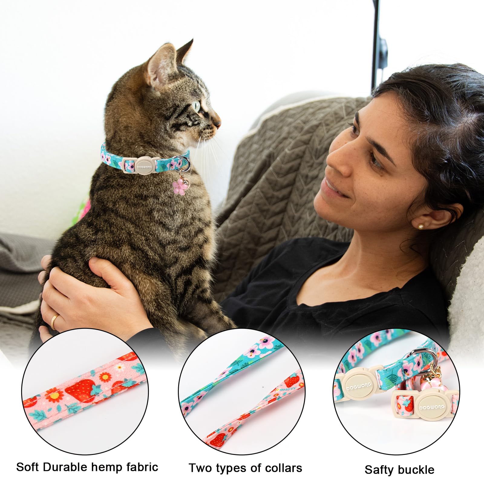 Cat Collar,2 Pack Pink Flower Cat Collars Breakaway With Bell, Dogwong Safety Buckle Pink Flower Cat Collar For Girl Female Cats