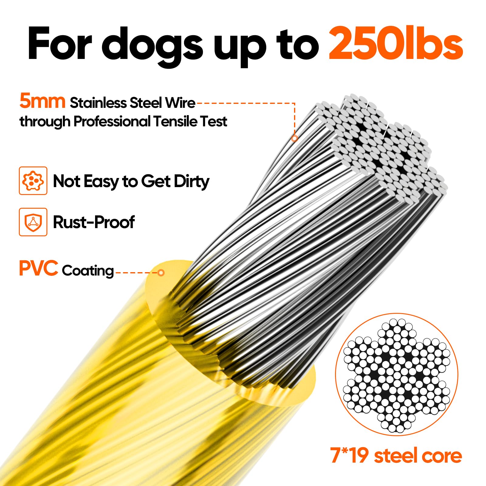 Tresbro 15Ft Reflective Tie Out Cable For Dogs Up To 250 Pounds, Steel Wire Lead Leash Cable With Stainless Rotatable Buckle, Li