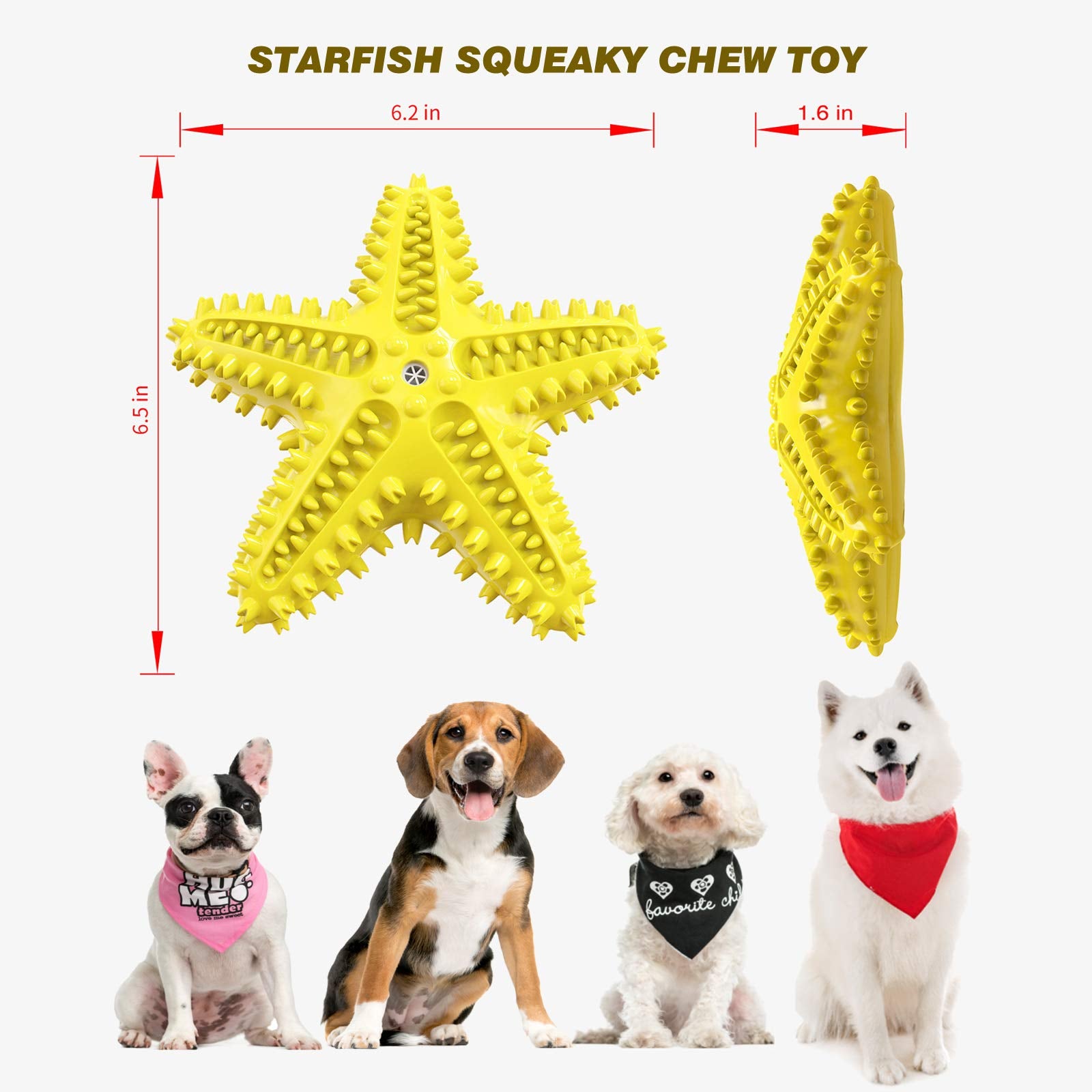 Idolpet Squeaky Dog Toys - Starfish Natural Teeth Cleaning Toy For Small & Medium Dogs - Yellow