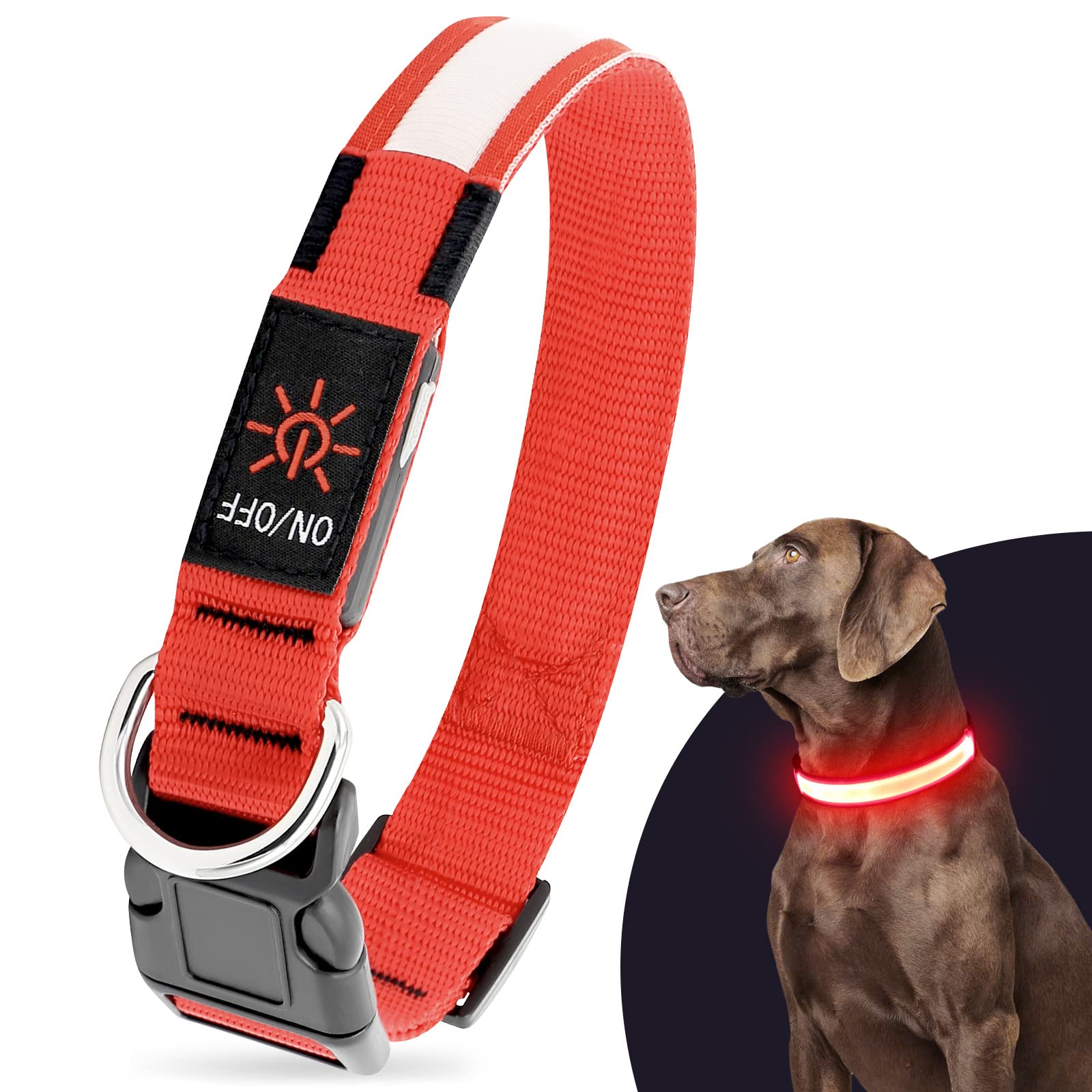 Illumifun Led Dog Collar, Usb Rechargeable Light Up Dog Collars, Flashing Safety Dog Collar Glow In The Dark (Red, Medium)