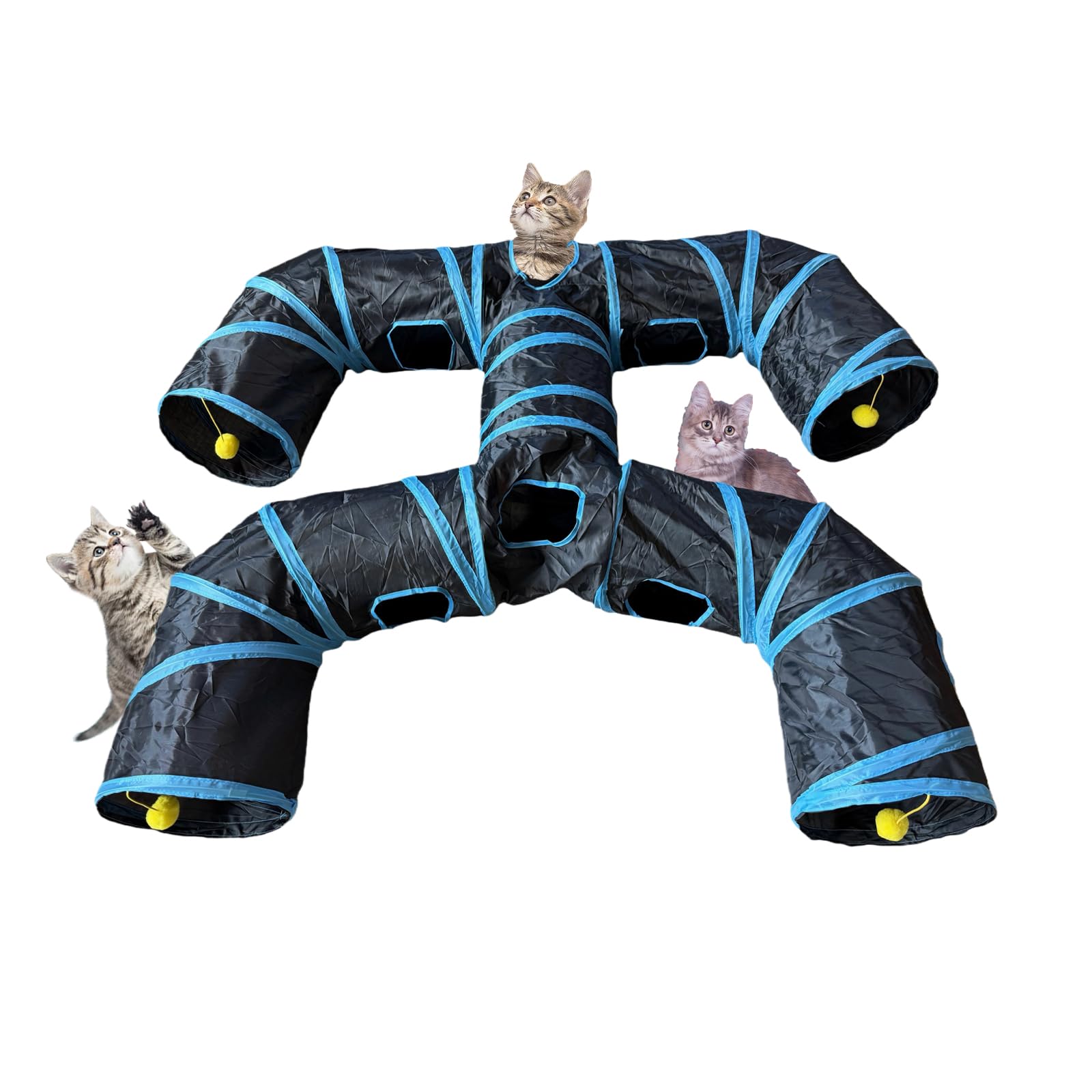 Bigladious Foldable H-Shaped Cat Tunnel Toy with Interactive Playing Balls - 4 Exits for Cats, Kittens, Rabbits & Small Pets Col