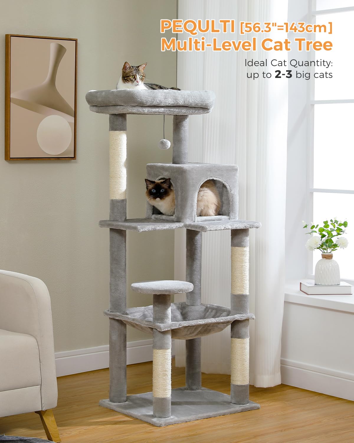 PEQULTI Cat Tree for Large Cats with Metal Frame Big Hammock, Cat Tower for Indoor Cats with 2 Door Condo House, [56.3 =143cm] M
