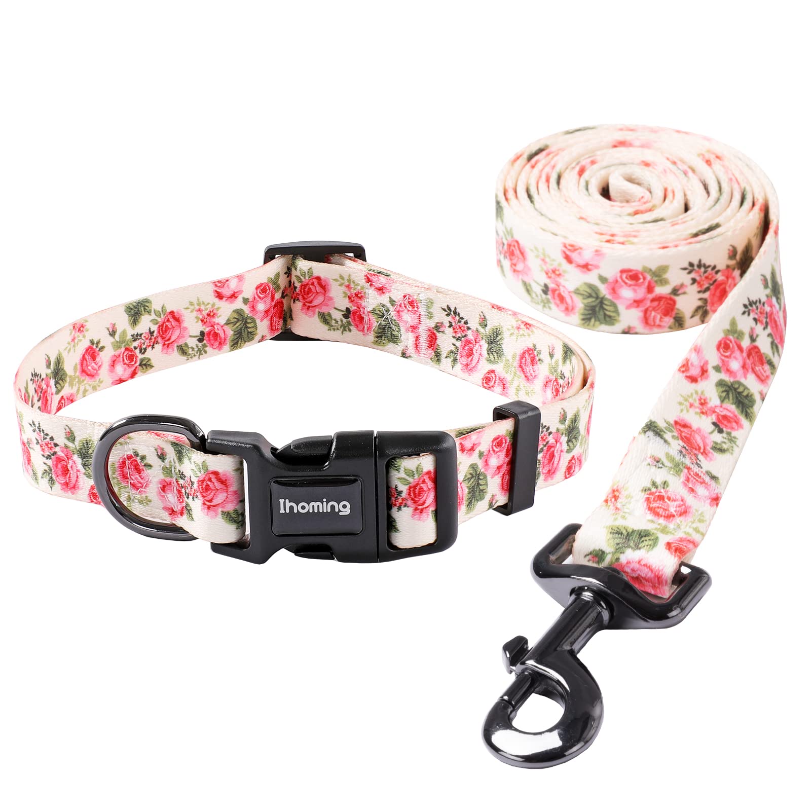Ihoming Puppy Collar and Leash Set for Daily Outdoor Walking Running Training, Pink Flowers Design for Extra Small Boys Girls Do