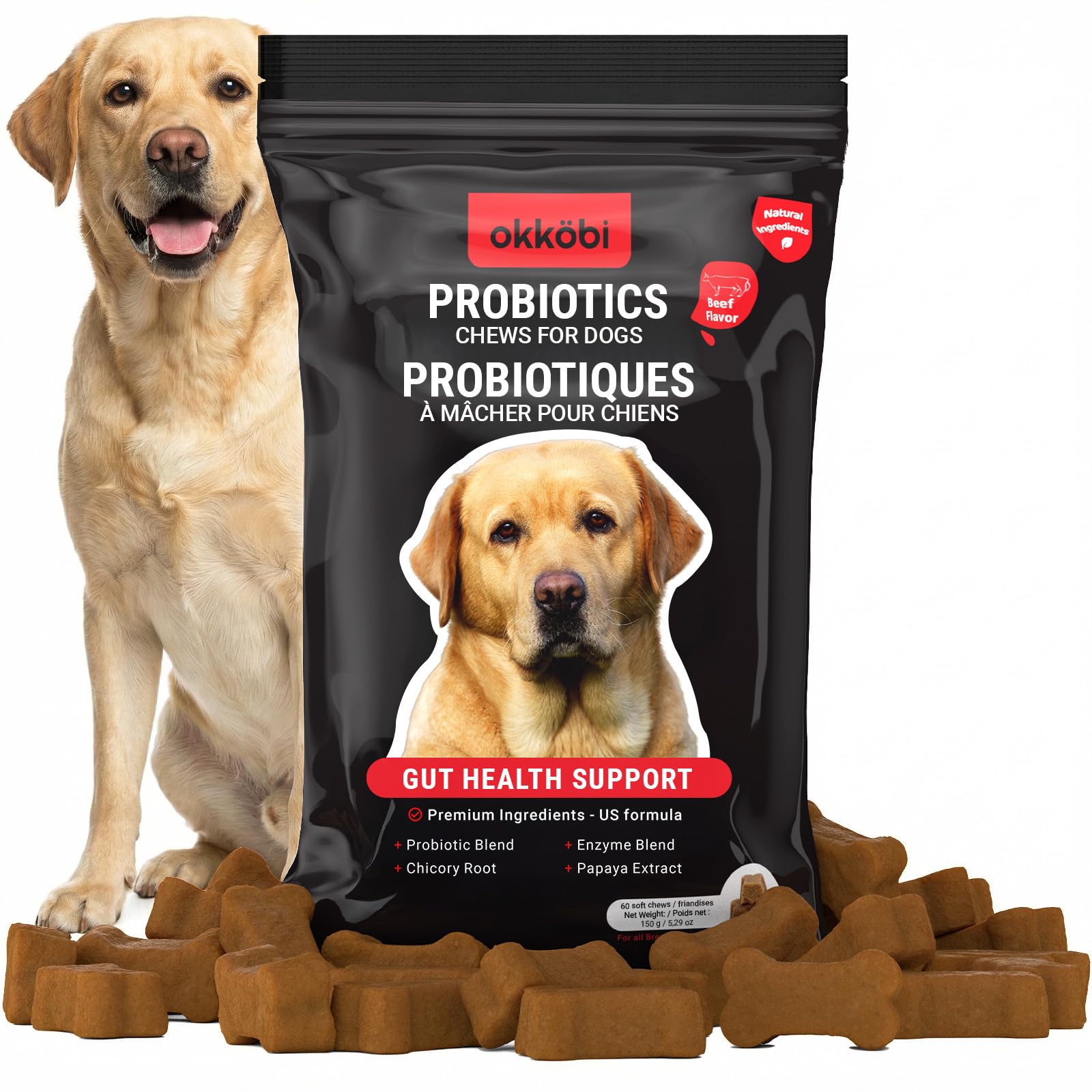 Probiotics for Dogs Chews - 60 pcs - Digestive & Gut Health Support - Probiotic Chews for Dogs with Enzymes & Natural Ingredient