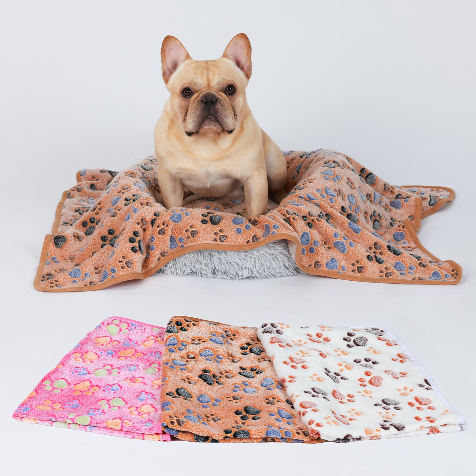 1 Pack 3 Blankets Super Soft Fluffy Premium Fleece Pet Blanket Flannel Throw For Dog Puppy Cat Paw Brown/Pink/White Medium(30X20 Inch)