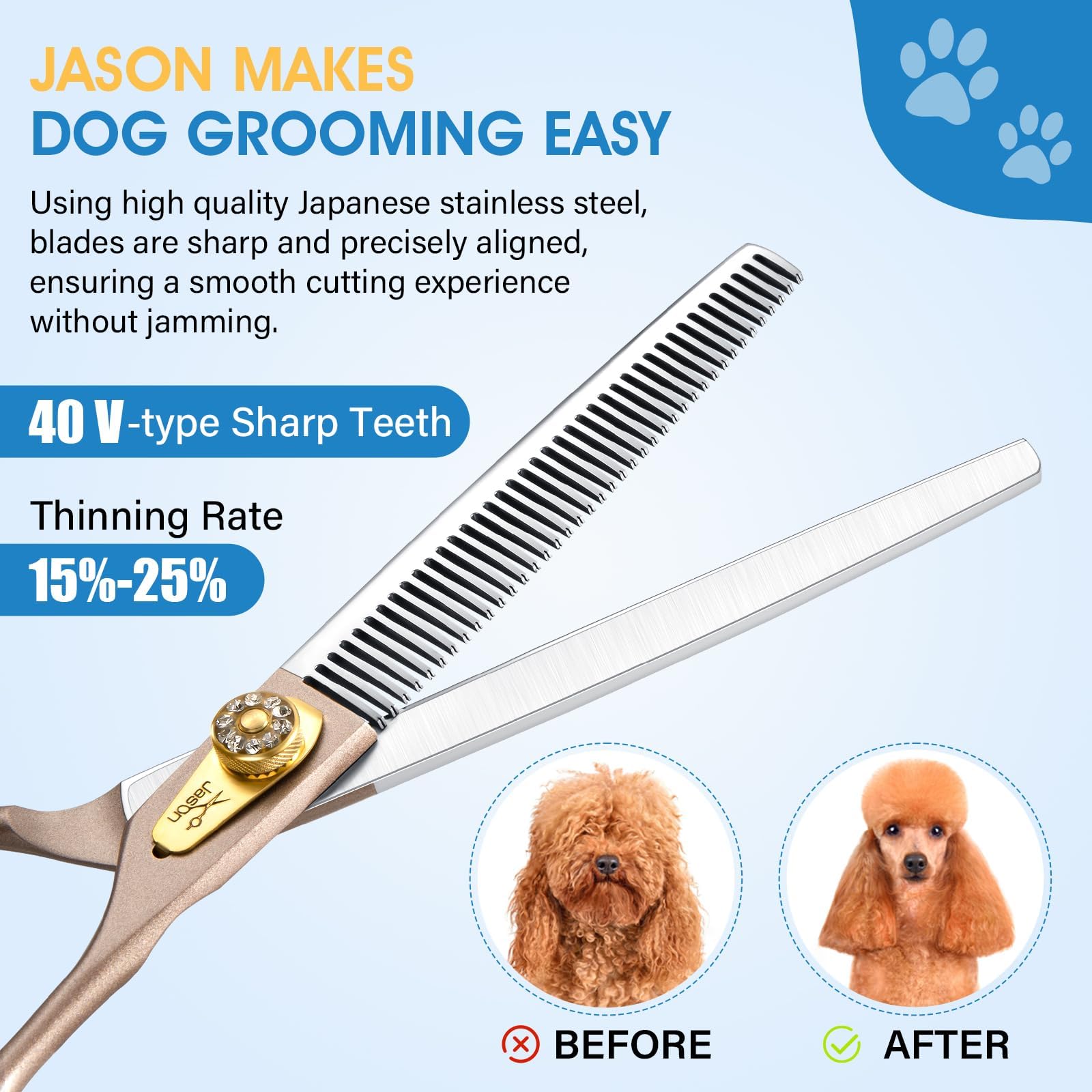 Jason Professional Dog Grooming Scissors - 7 Inch Thinning Shear Japanese 440C Stainless Steel Diamond Screw With 40 Teeth Dog B