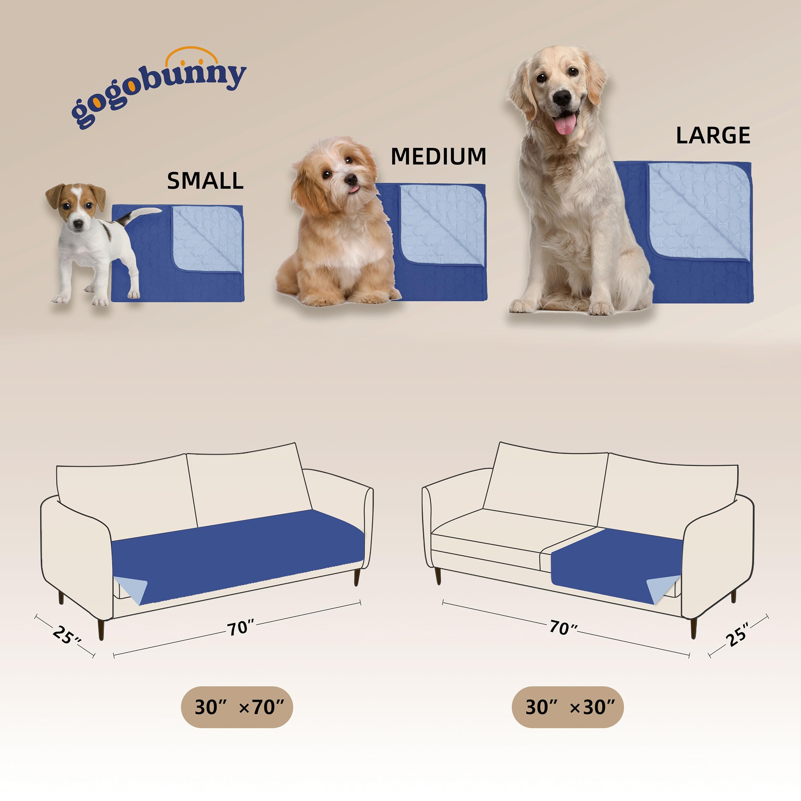 Gogobunny 100% Double Sided Waterproof Dog Blanket Soft Pet Bed Cover Reversible Protect Furniture Couch Sofa Car For Puppy Large Dog Cat (Dark Navy/Light Navy, 30X70 Inch (Pack Of 1))