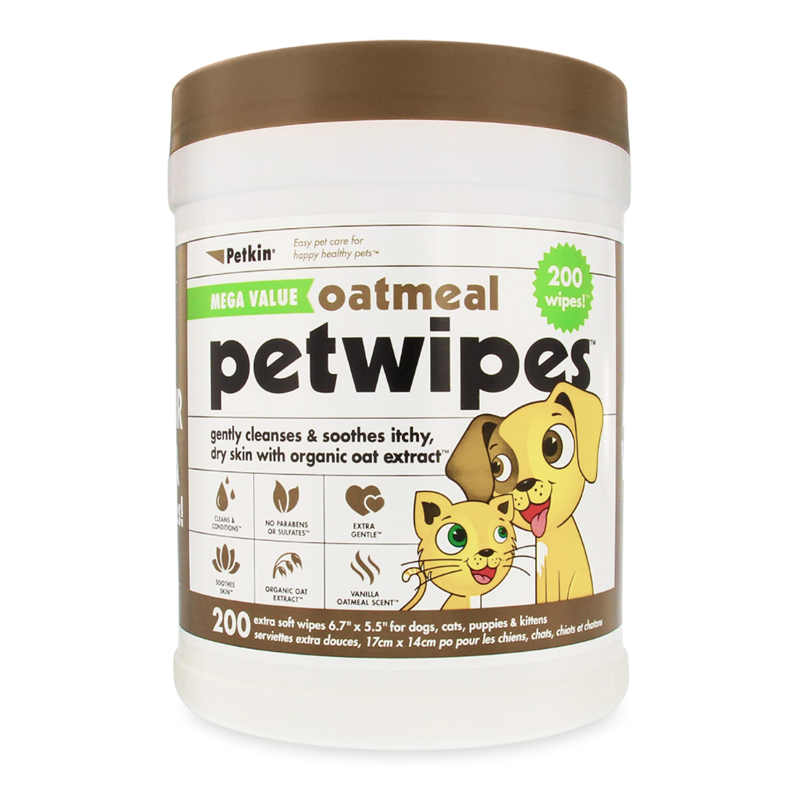 Petkin Mega Petwipes, 200 Wipes - Oatmeal Pet Wipes For Dogs And Cats, Use On Face, Paws, Ears, Body And Eye Area - Ideal For Ho