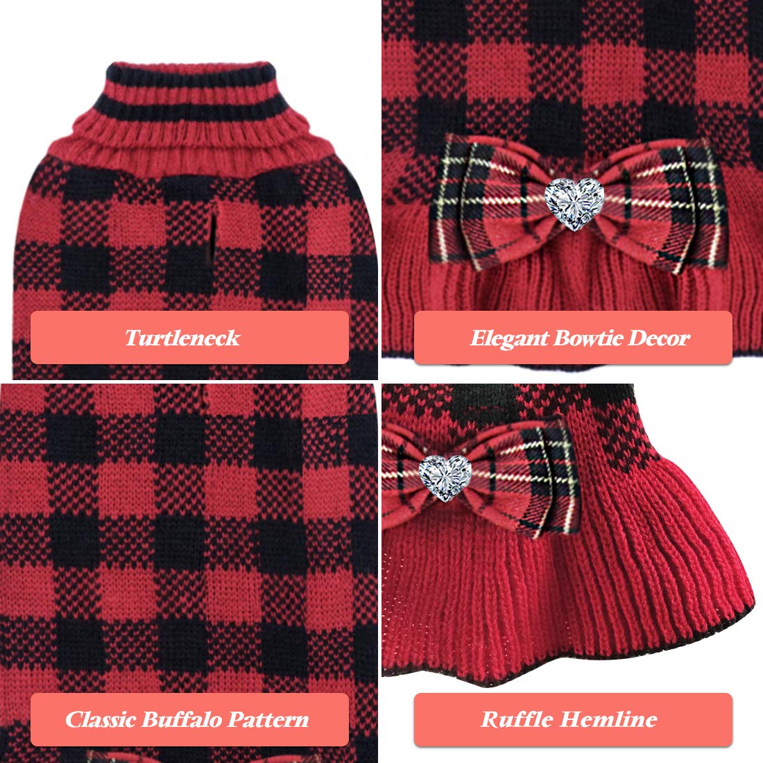 Kyeese Christmas Dog Sweaters Dress For Small Medium Dogs With Leash Hole Checkered Dog Sweaters Turtleneck With Bowtie Dog Apparel For Winter