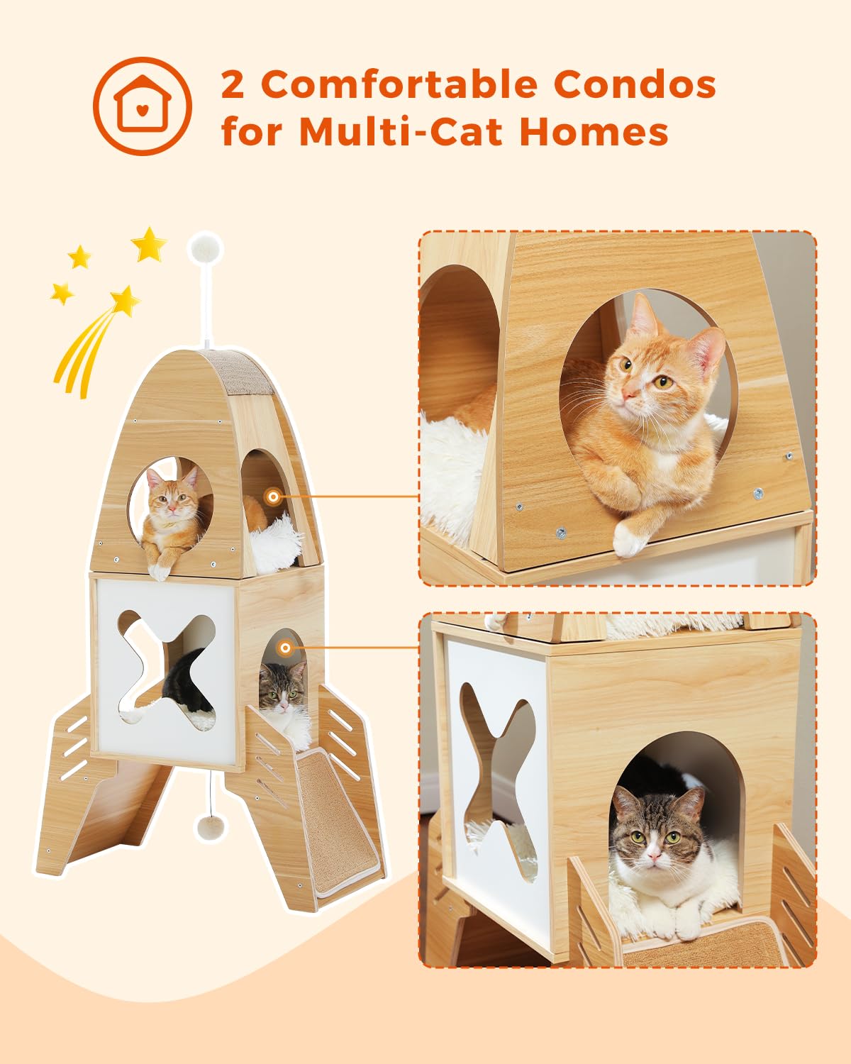 Muttros Modern Cat Tree Rocket Ship, Wood Cat Tower For Indoor Cats, 47' Multilevel Wooden Cat Furniture With 2 Condos, Danglin