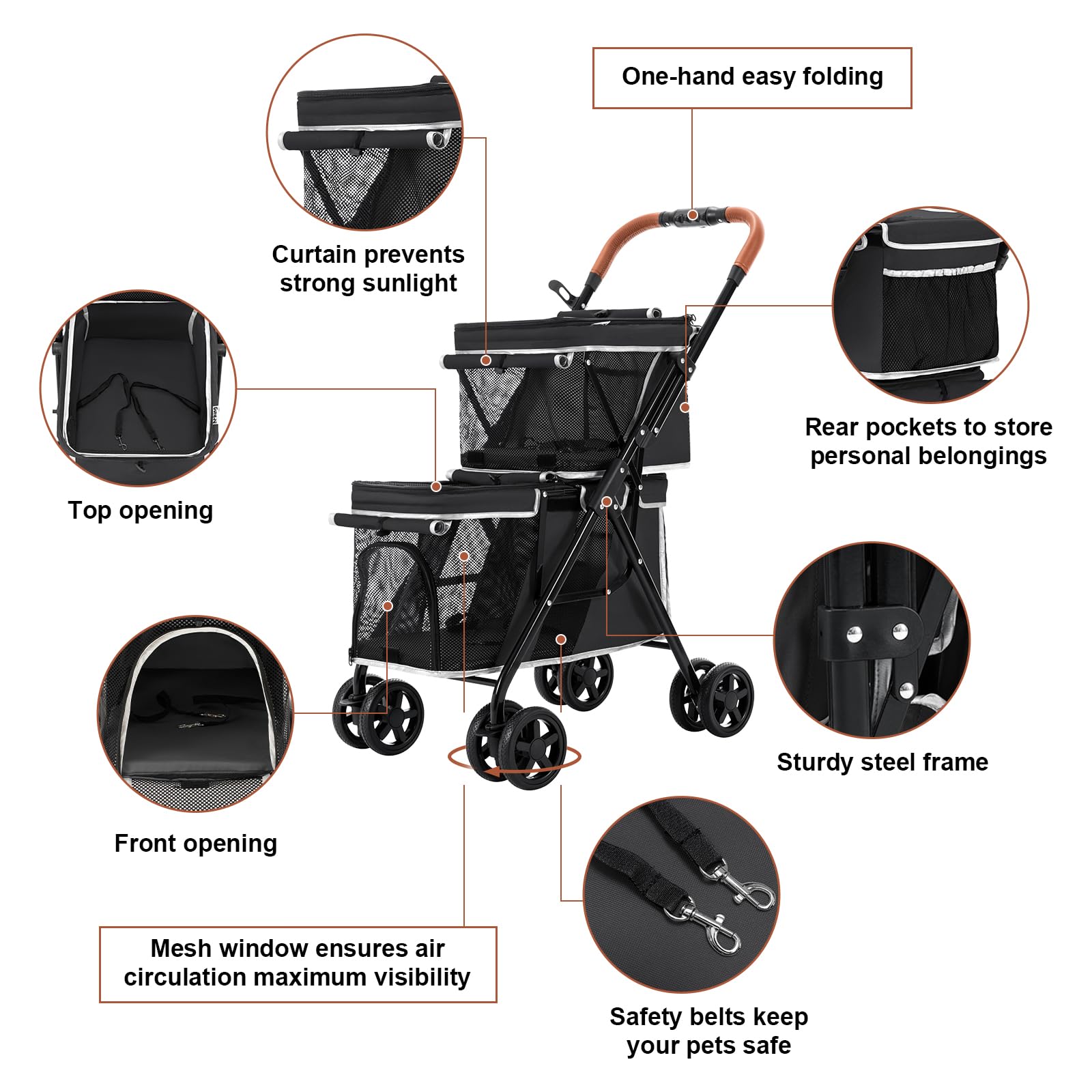 Lpotius Double Pet Stroller For Dogs And Cats, One-Hand Folding Dog Stroller Travel Carriage For Small Medium Dogs Cats, 4 Wheel