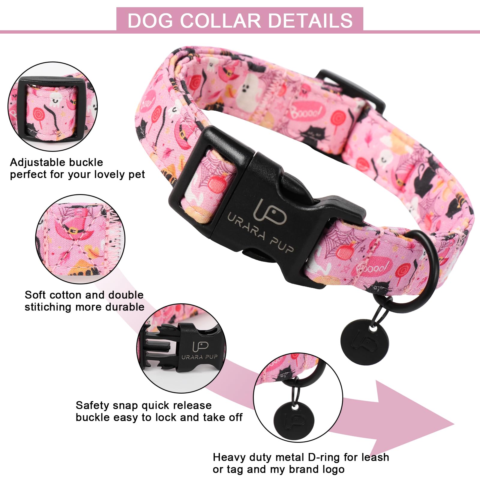 Up Urara Pup Halloween Dog Collar, Autumn Cotton Collar For Boys Or Girls Dogs, Cute Pink Comfortable Pet Collar With Lightweigh