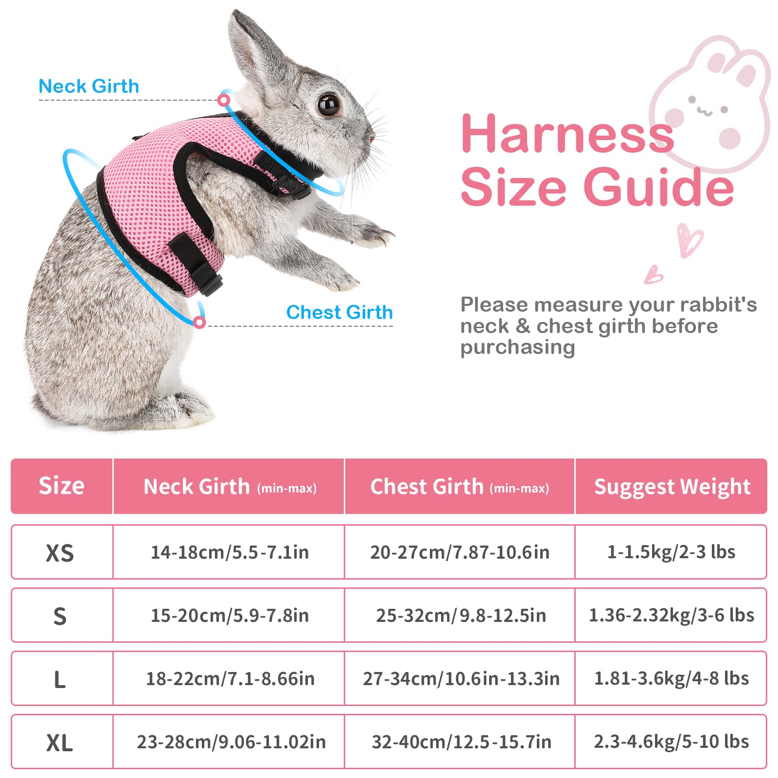 PETTOM Bunny Rabbit Harness with Stretchy Leash Cute Adjustable Buckle Breathable Mesh Vest Harness and Leash Set for Kitten Sma
