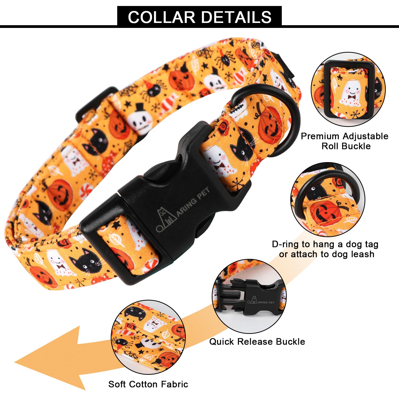Aring Pet Halloween Dog Collar-Cute Pumpkin Dog Collar For Small Dogs, Adjustable Halloween Ghost Dog Collars For Small Medium L
