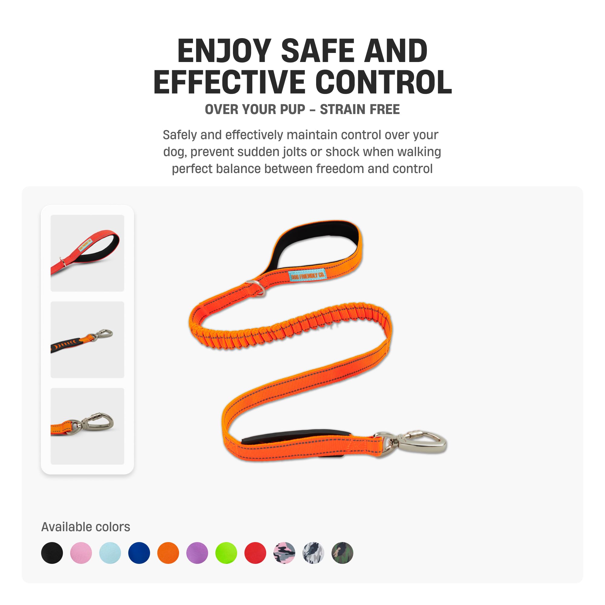 Df Co. Bungee Dog Leash | Strain Free & Shock Resistant For Control | Neoprene Padded Handle, Heavy-Duty Carabiner Clip, And D-R