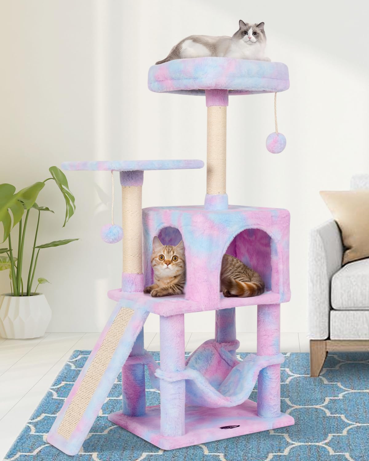 Miao Paw Rainbow Cute Cat Tree For Indoor Cat Tower With Scratching Post Modern Activity House Hammock Hanging Ball Condo With B