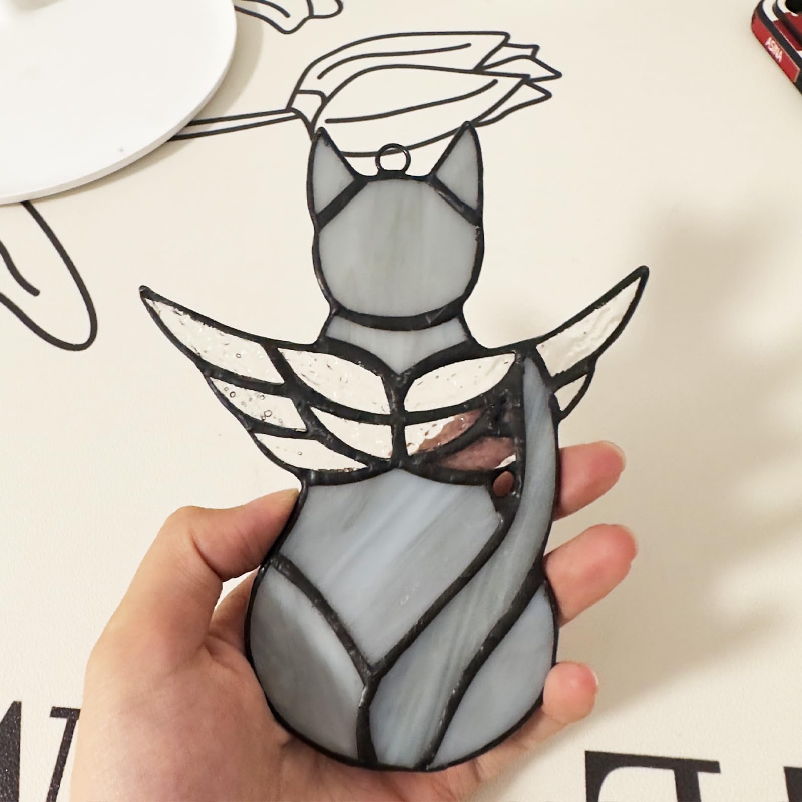 Fluffycaptain Handcrafted Stained Glass Grey Angel Cat Suncatcher - Pet Memorial Gift With Colorful Wings, Cat Lovers Sympathy G