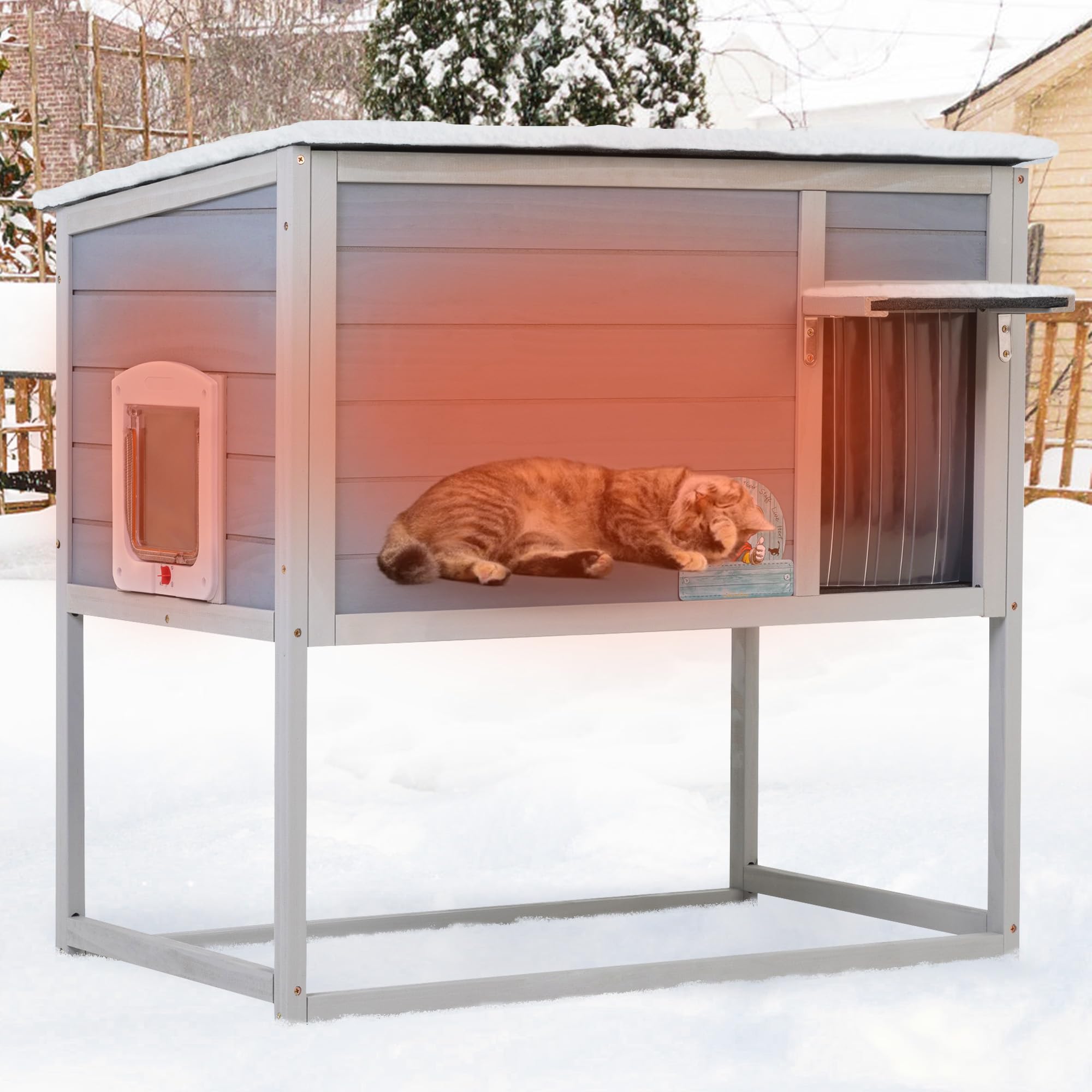 Raised Outdoor Cat House, Weatherproof Cat Shelter For Outside With Insulated All-Round Foam, Feral Cat Enclosure Openable Top, 