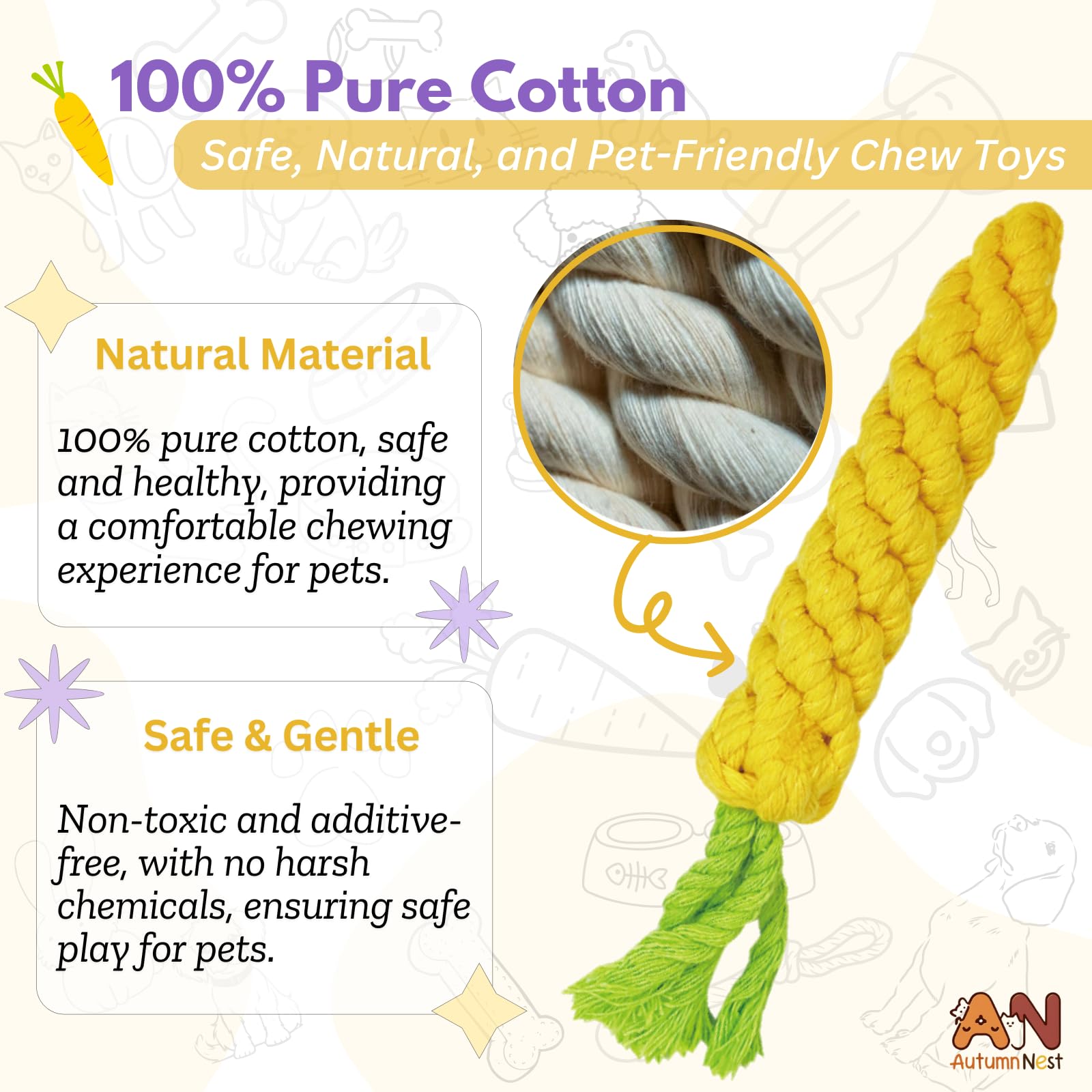 Autumnnest 3Pcs Yellow Woven Pet Chew Set, Puppy Teething Chews, Dog Chew Accessories, Cat Interactive Chews, Durable Braided Ch