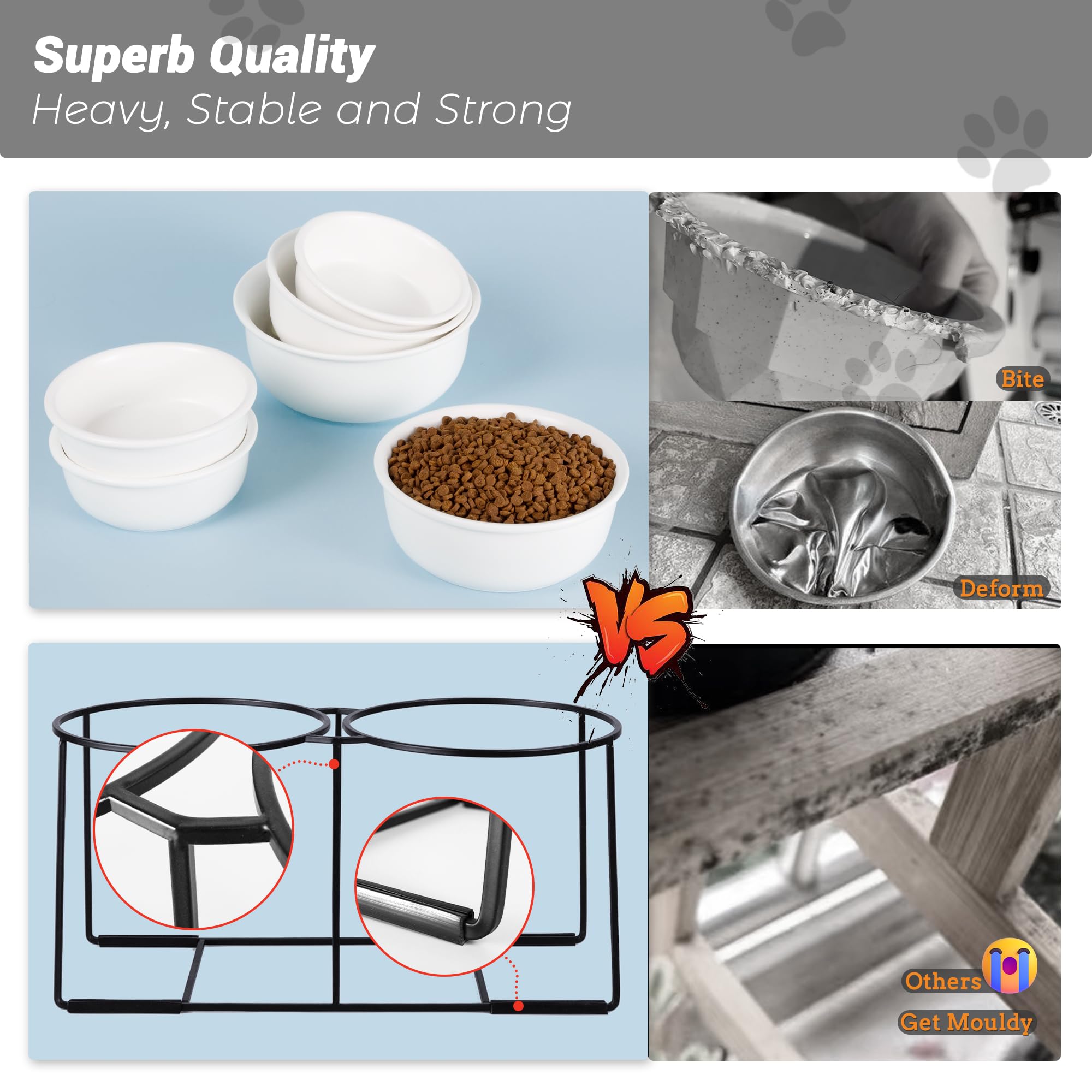 Ceramic Elevated Dog Bowl Set - Raised Double Feeding Bowls With Metal Stand - Pet Dishes For Medium And Large Dogs - 3.5 Cups -